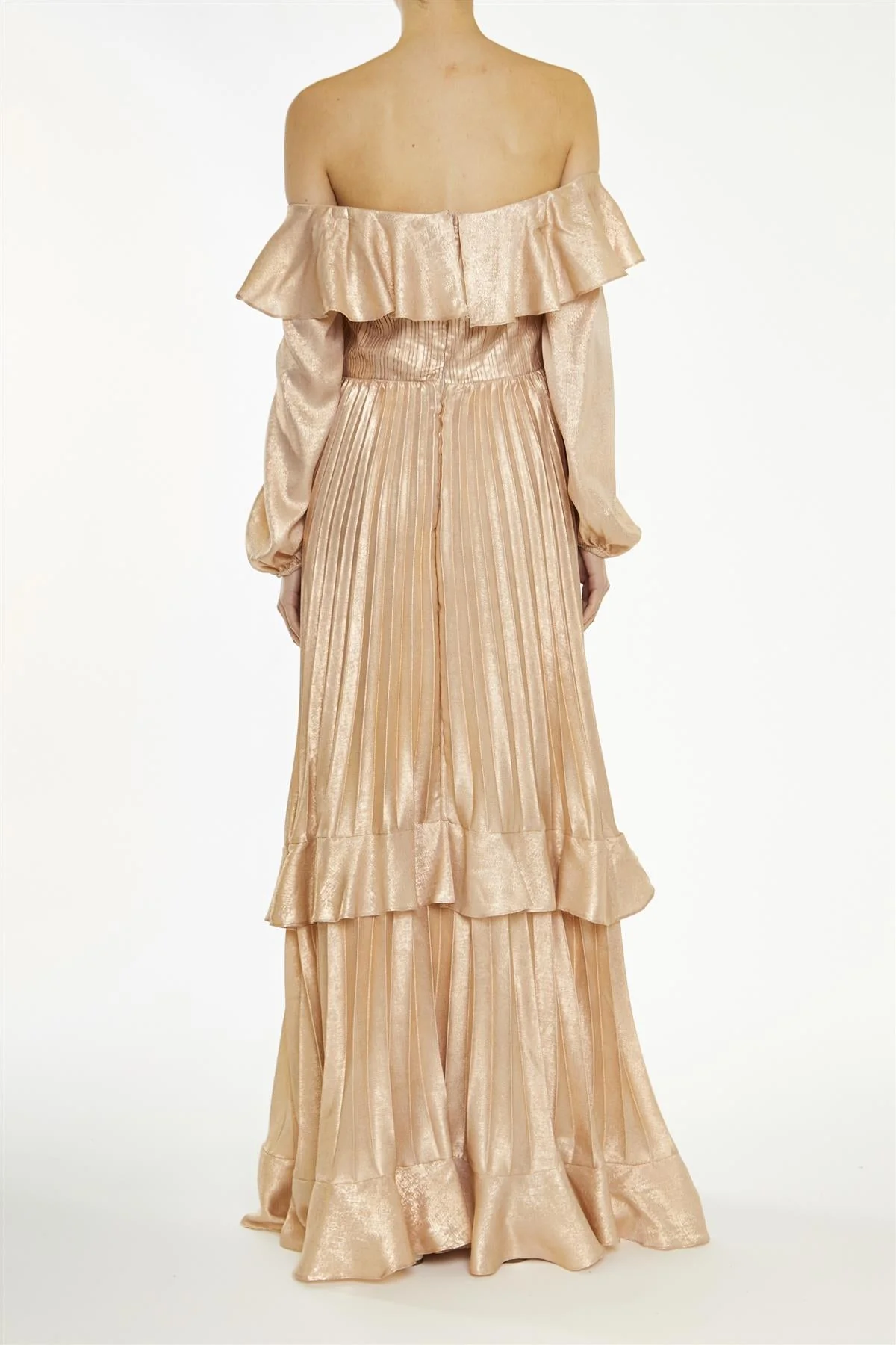 True Decadence Metallic-Copper Adrianna Pleated Bardot Maxi-Dress - Image 2