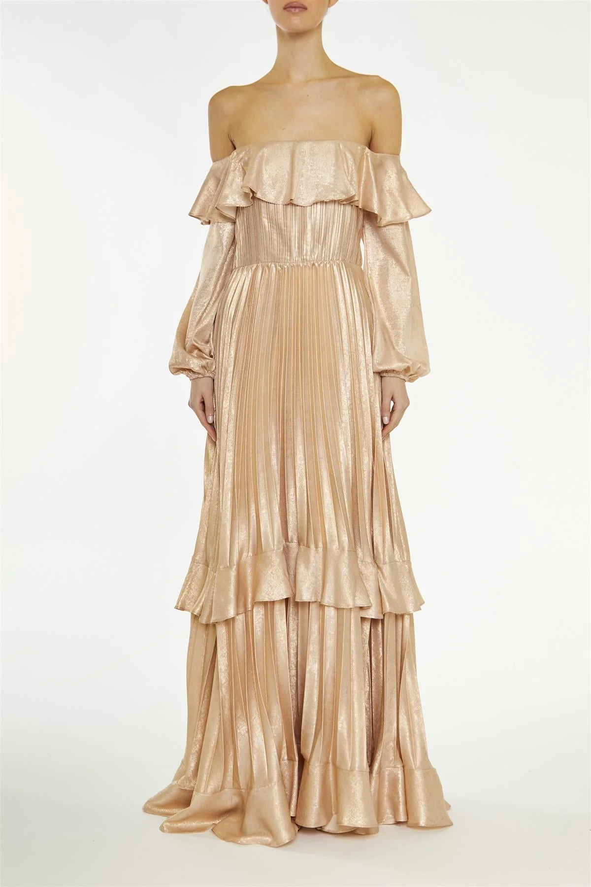True Decadence Metallic-Copper Adrianna Pleated Bardot Maxi-Dress - Image 3