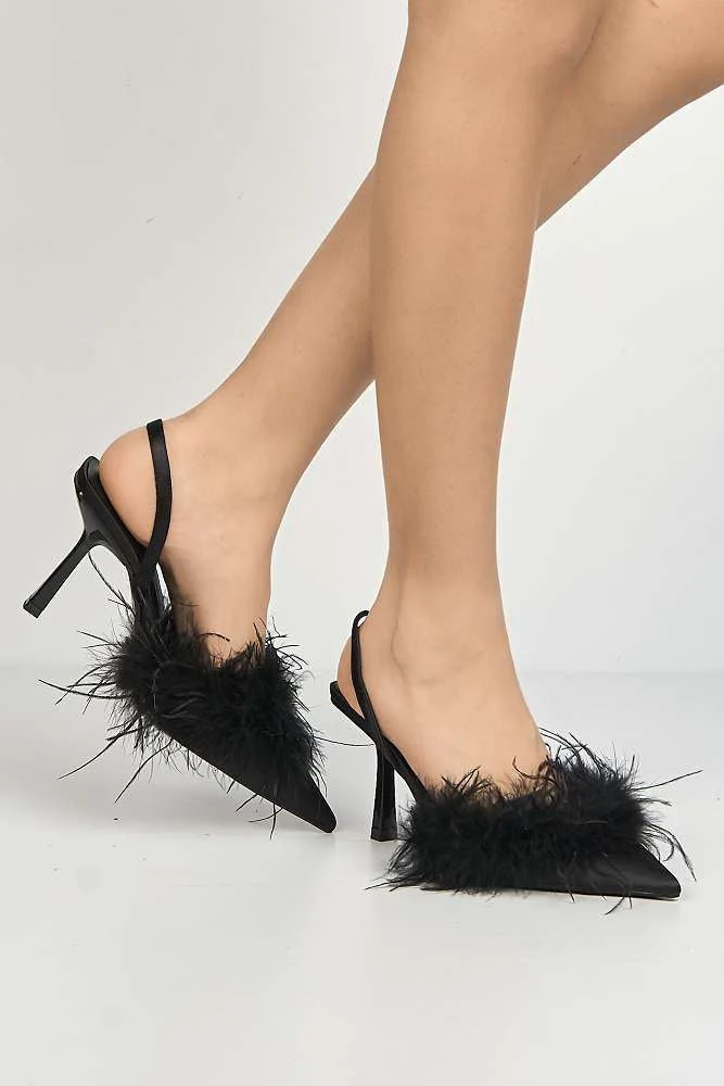 Aisla Pointed Toe Feather Slingback Court Shoes in Black - Image 2