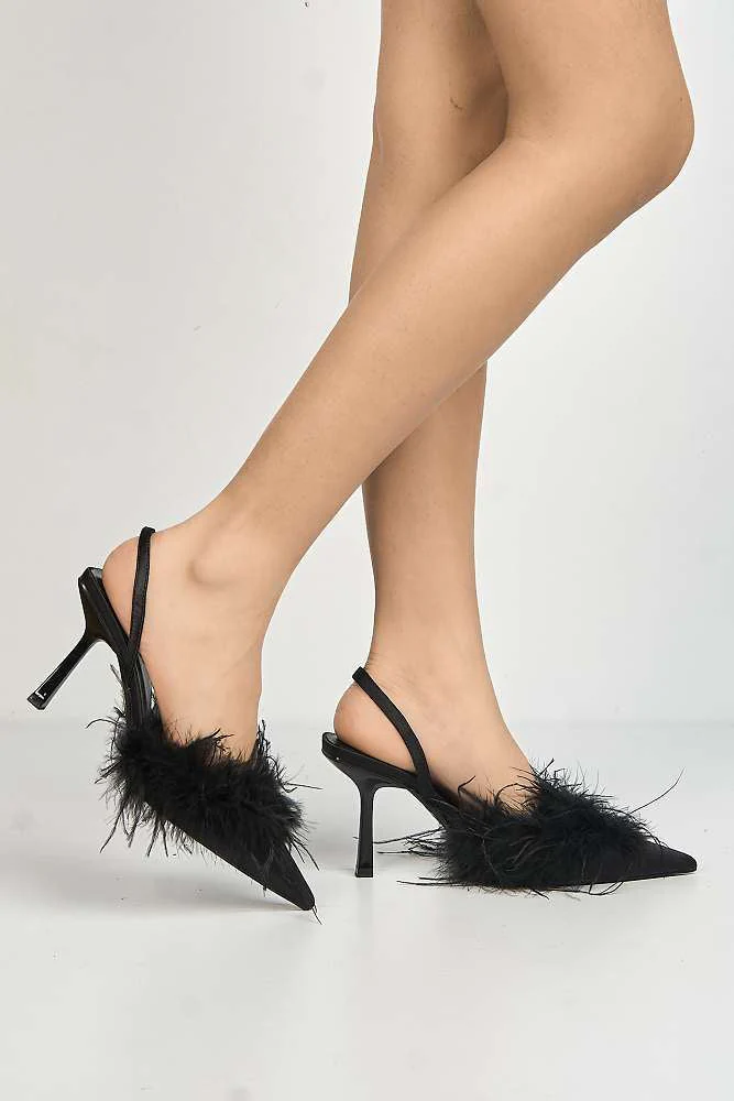 Aisla Pointed Toe Feather Slingback Court Shoes in Black - Image 3
