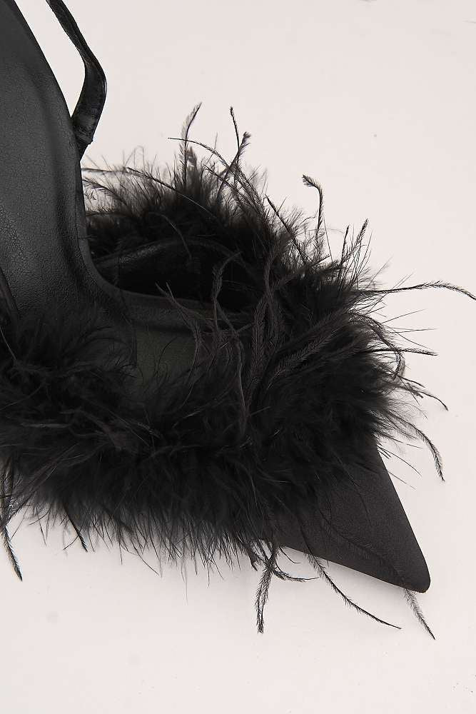 Aisla Pointed Toe Feather Slingback Court Shoes in Black - Image 5
