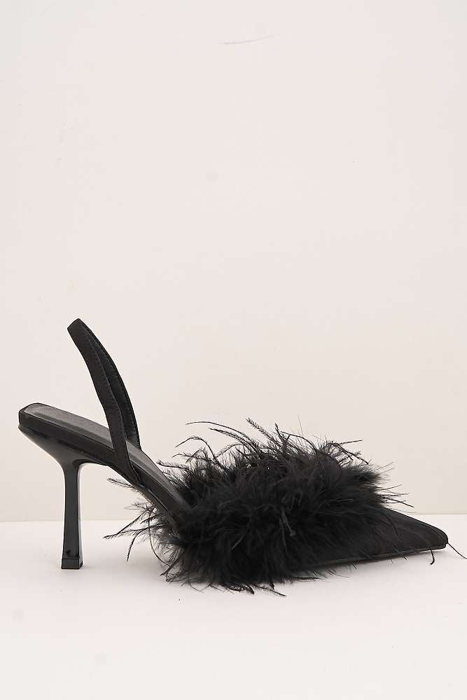 Aisla Pointed Toe Feather Slingback Court Shoes in Black - Image 6