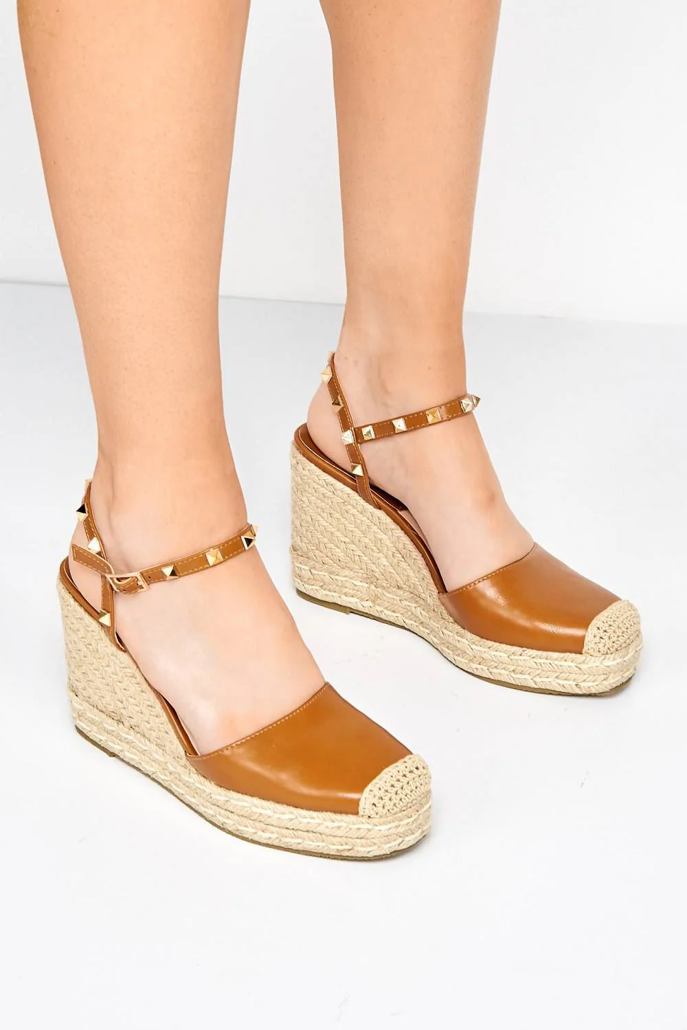 Miss Diva Brown Alala Round Toe Studded Anklestrap Espadrille Wedge - Image 2