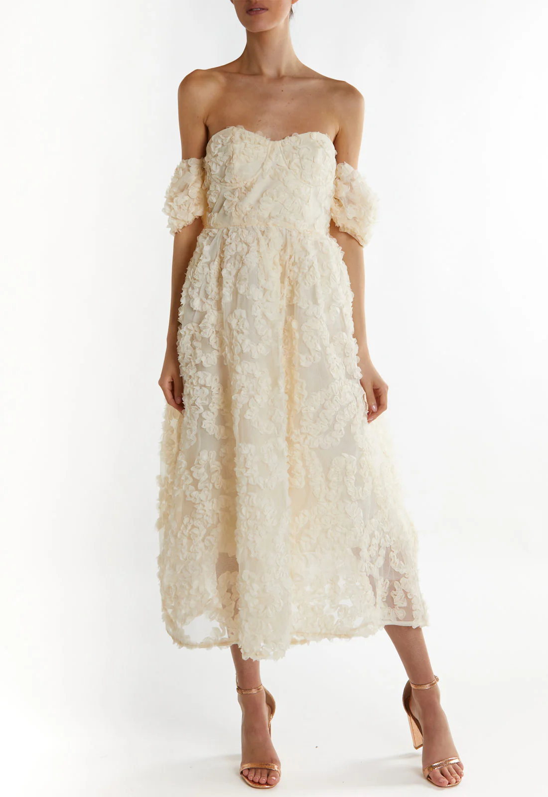 True Decadence Cream Amelia Bardot Bust Cup Midi Dress