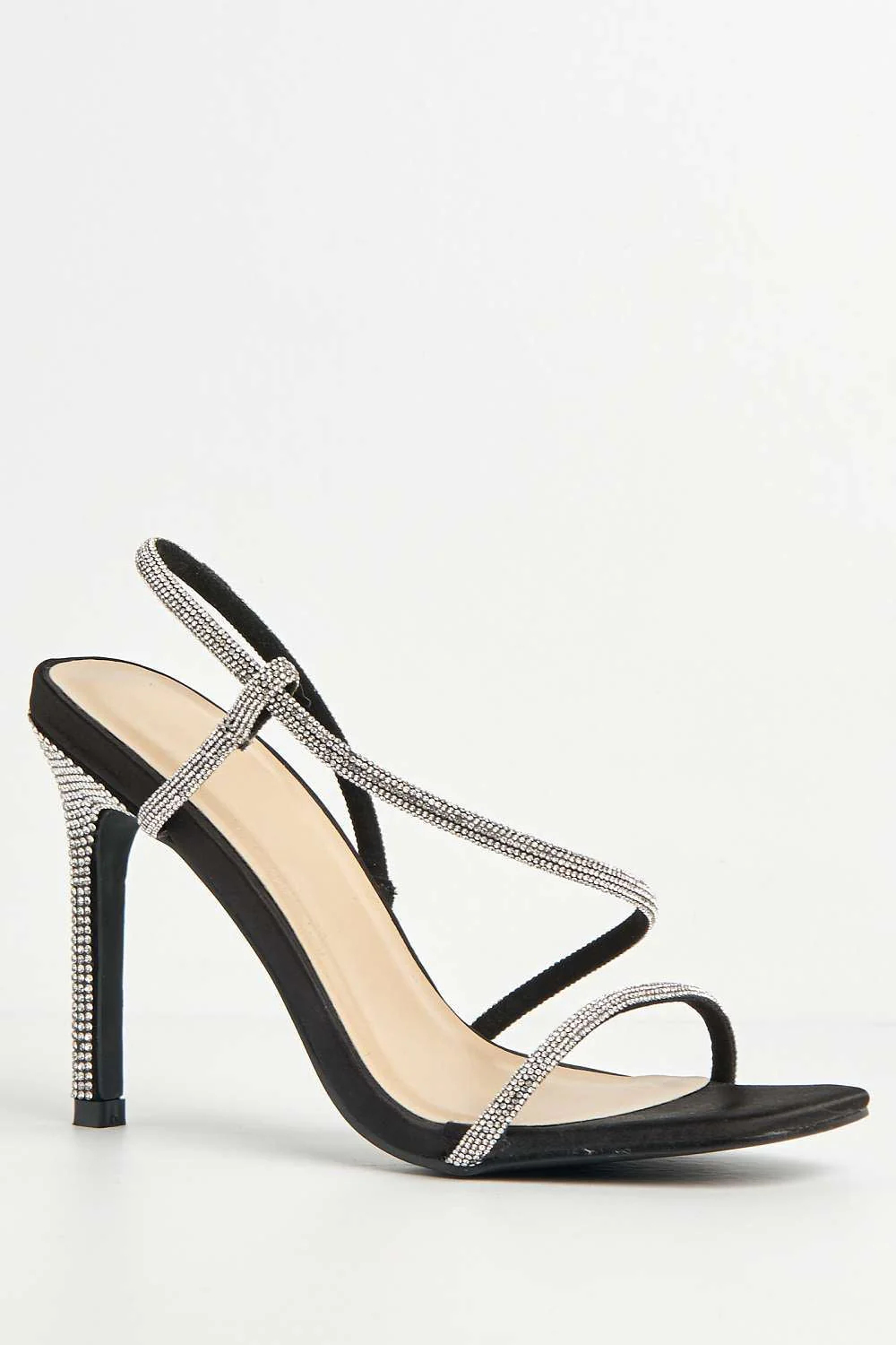 Astera Diamante Embellished Stiletto Heeled Sandals in Black Satin - Image 4