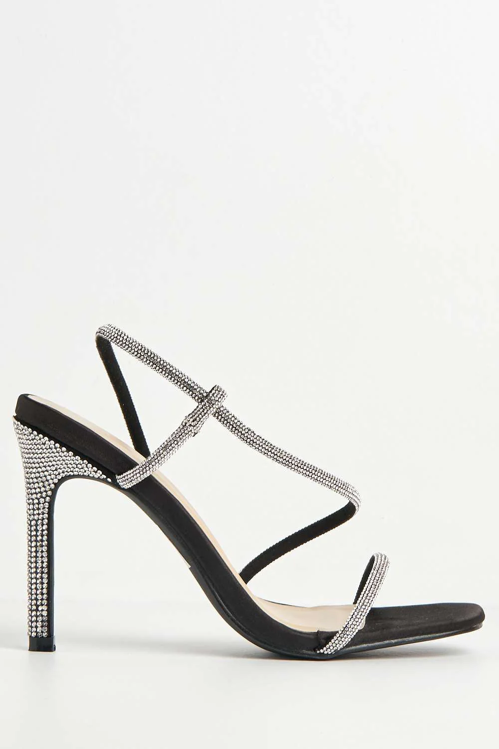 Astera Diamante Embellished Stiletto Heeled Sandals in Black Satin - Image 5