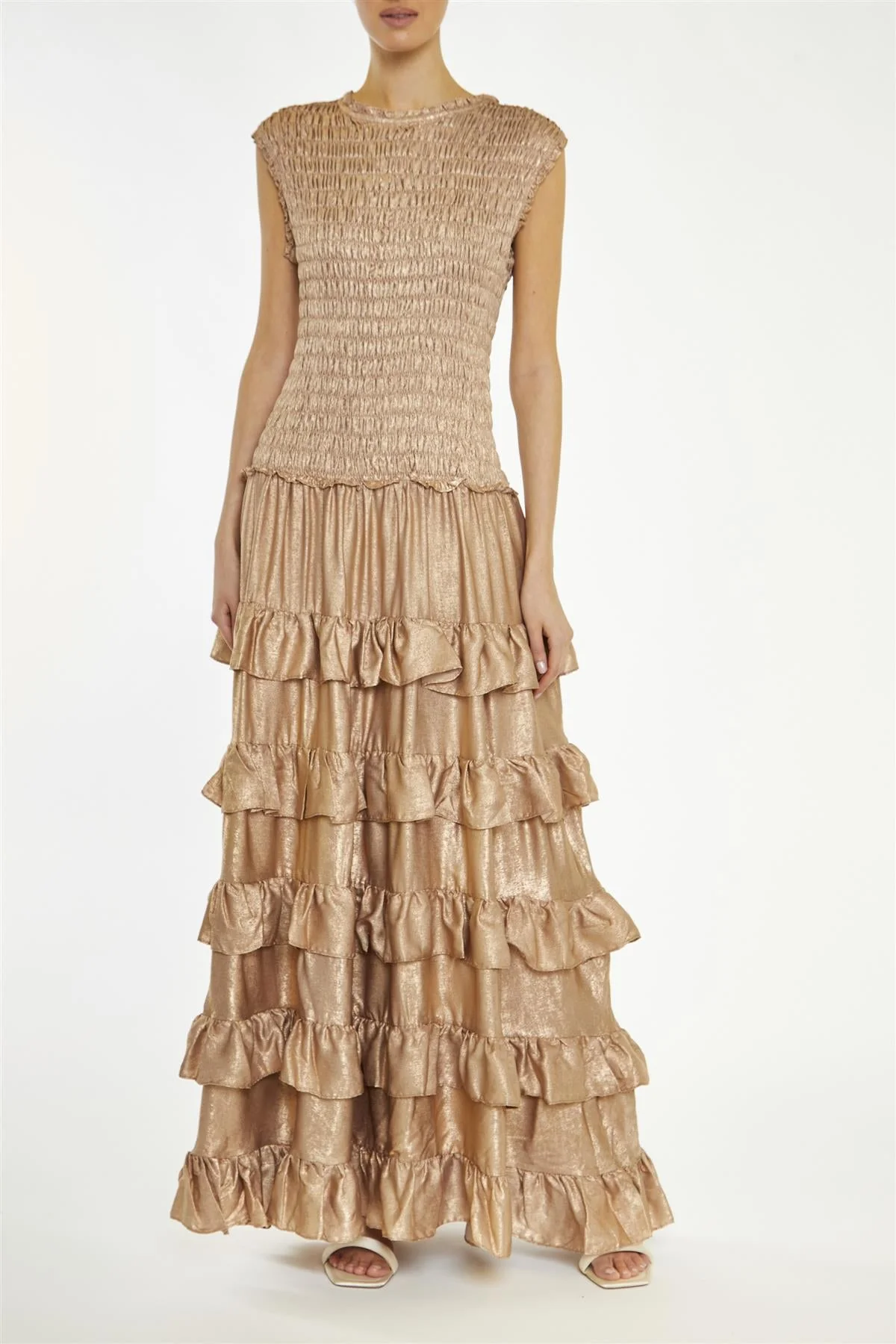 True Decadence Dark Azaria Metallic-Copper Smocked Dropped-Waist Maxi-Dress - Image 3