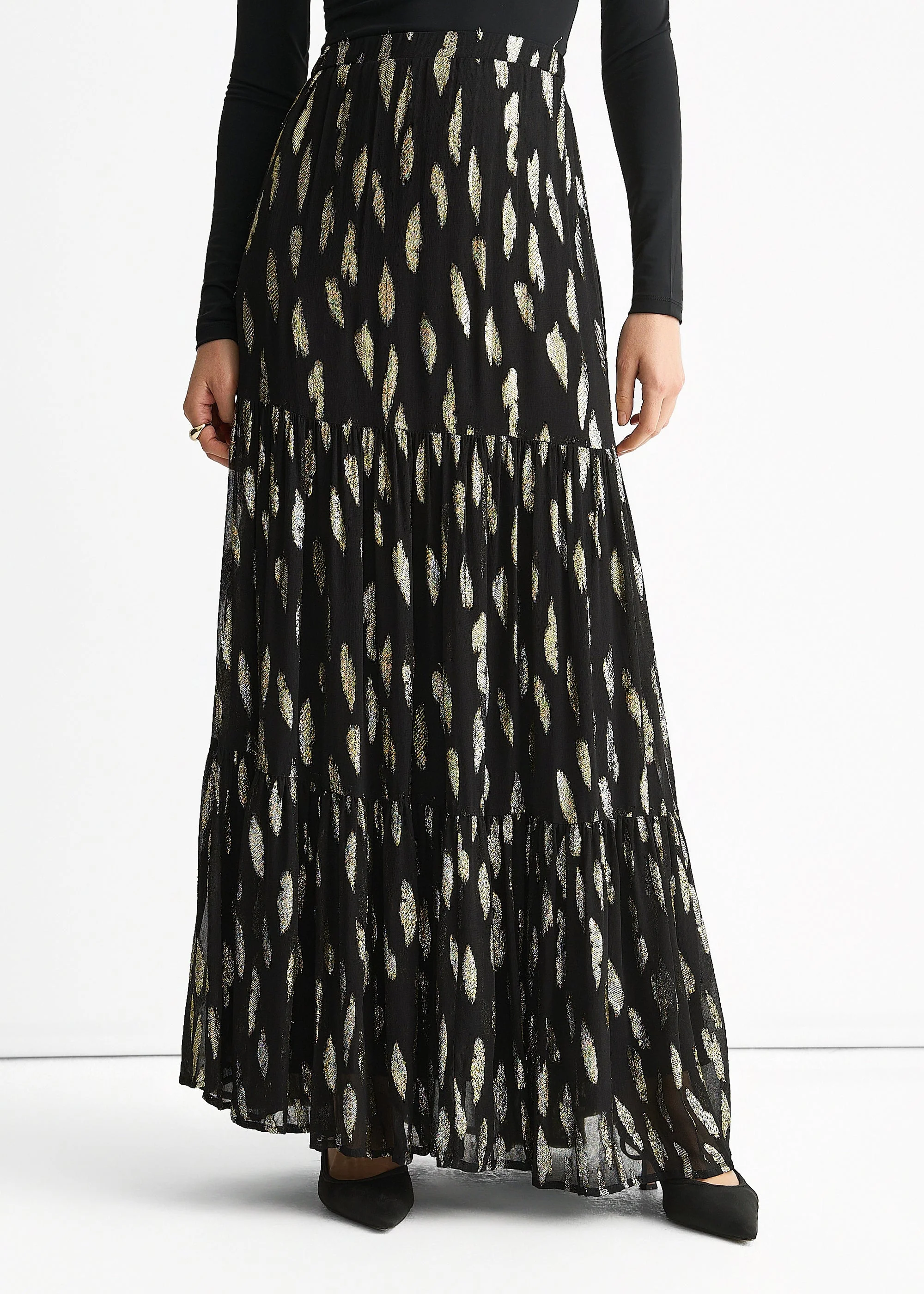 Black Clipped Jacquard Tiered Maxi Skirt - Image 2