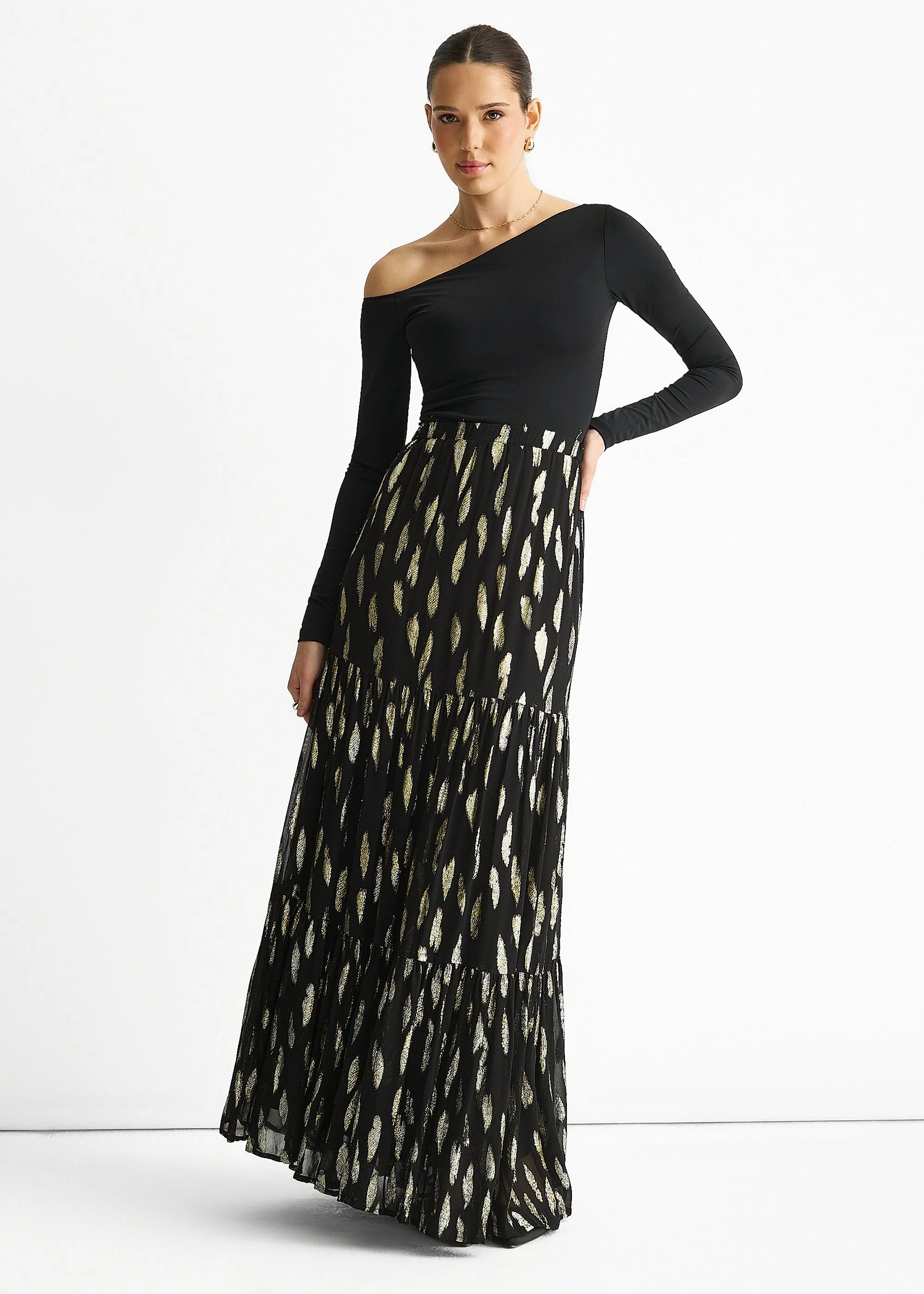 Black Clipped Jacquard Tiered Maxi Skirt - Image 3