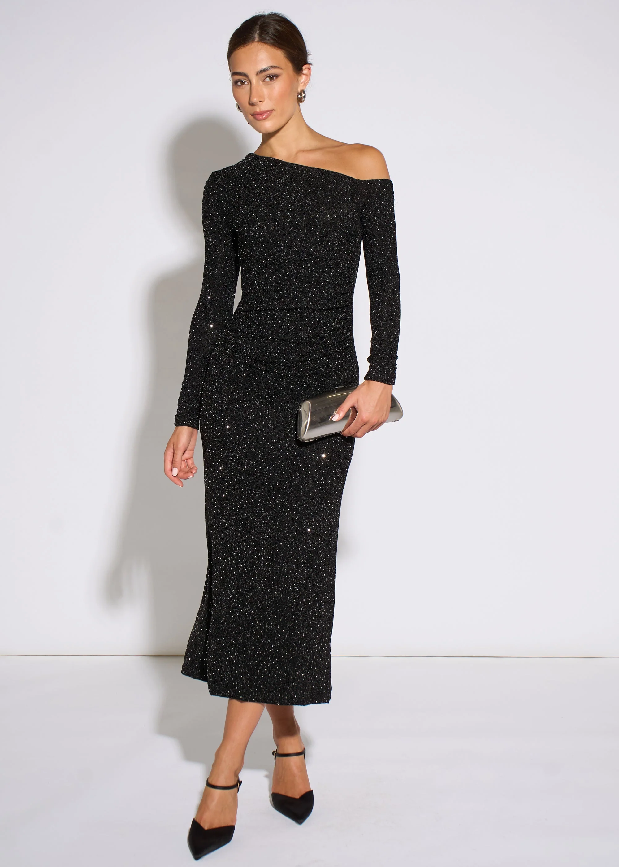Black Hot Fix Studded Jersey Midi Dress