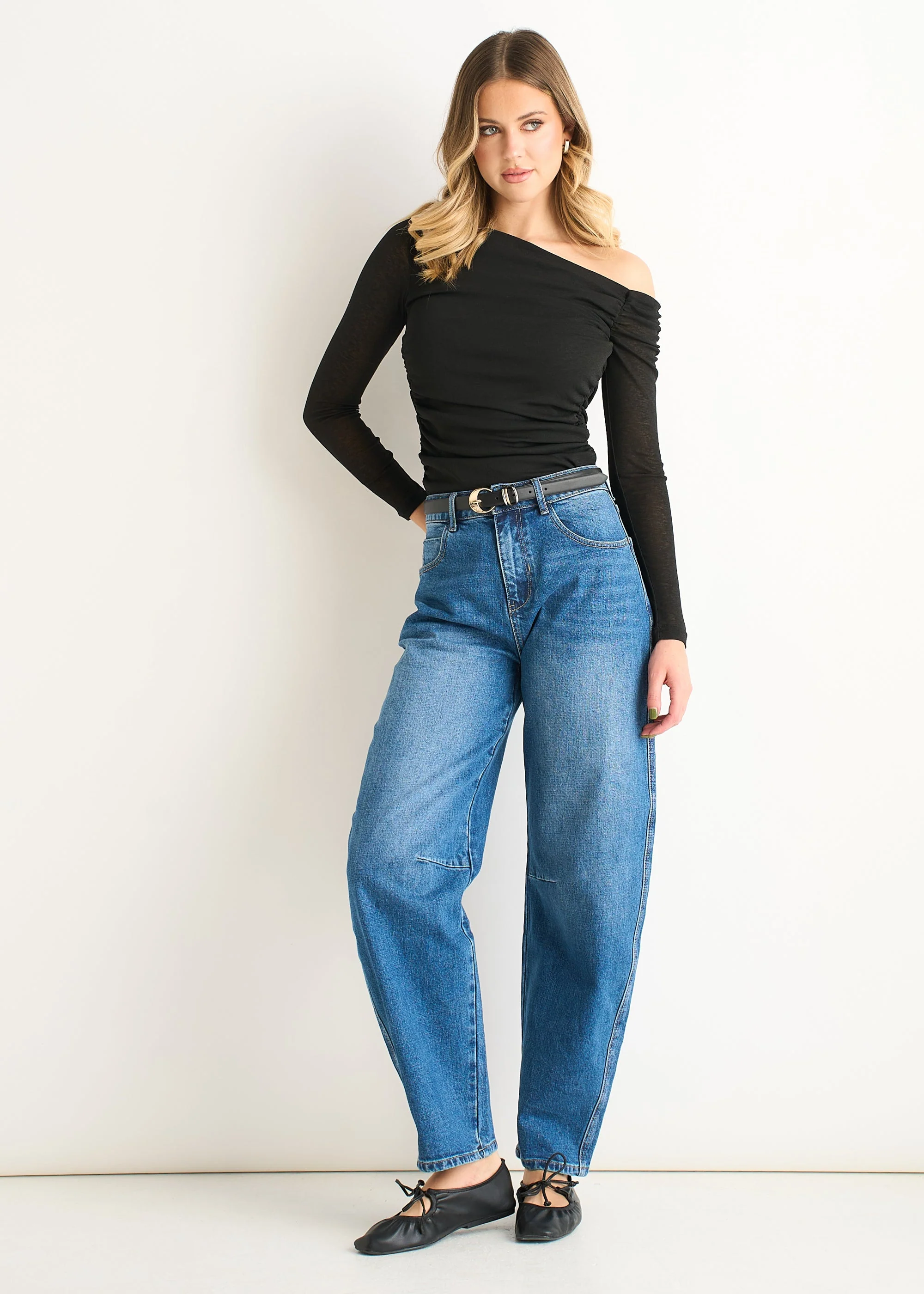 Black Jersey Slash Neck Long Sleeve Top - Image 2