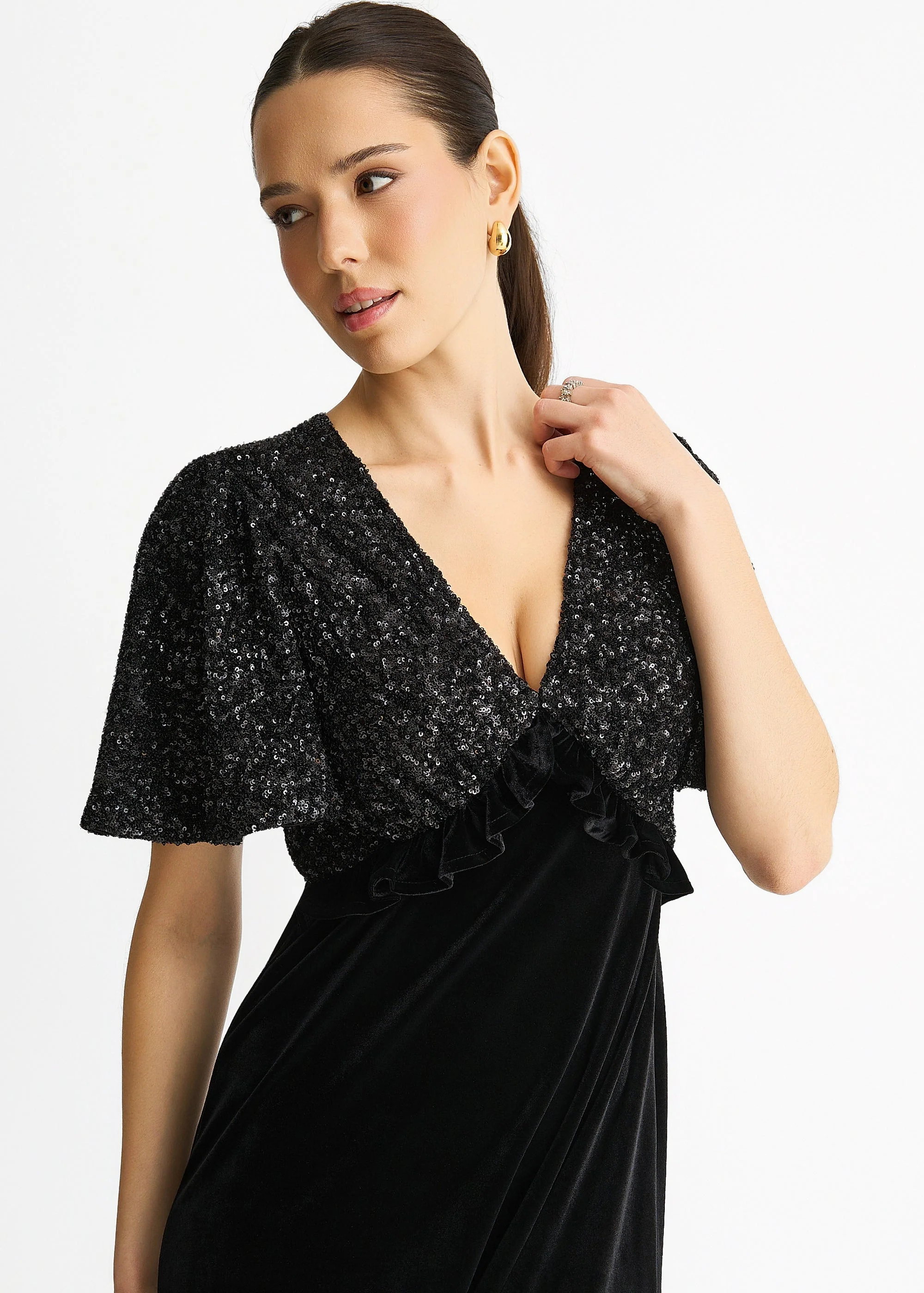 Black Sequin Top Premium Velvet Occasion Midi Dress - Image 3