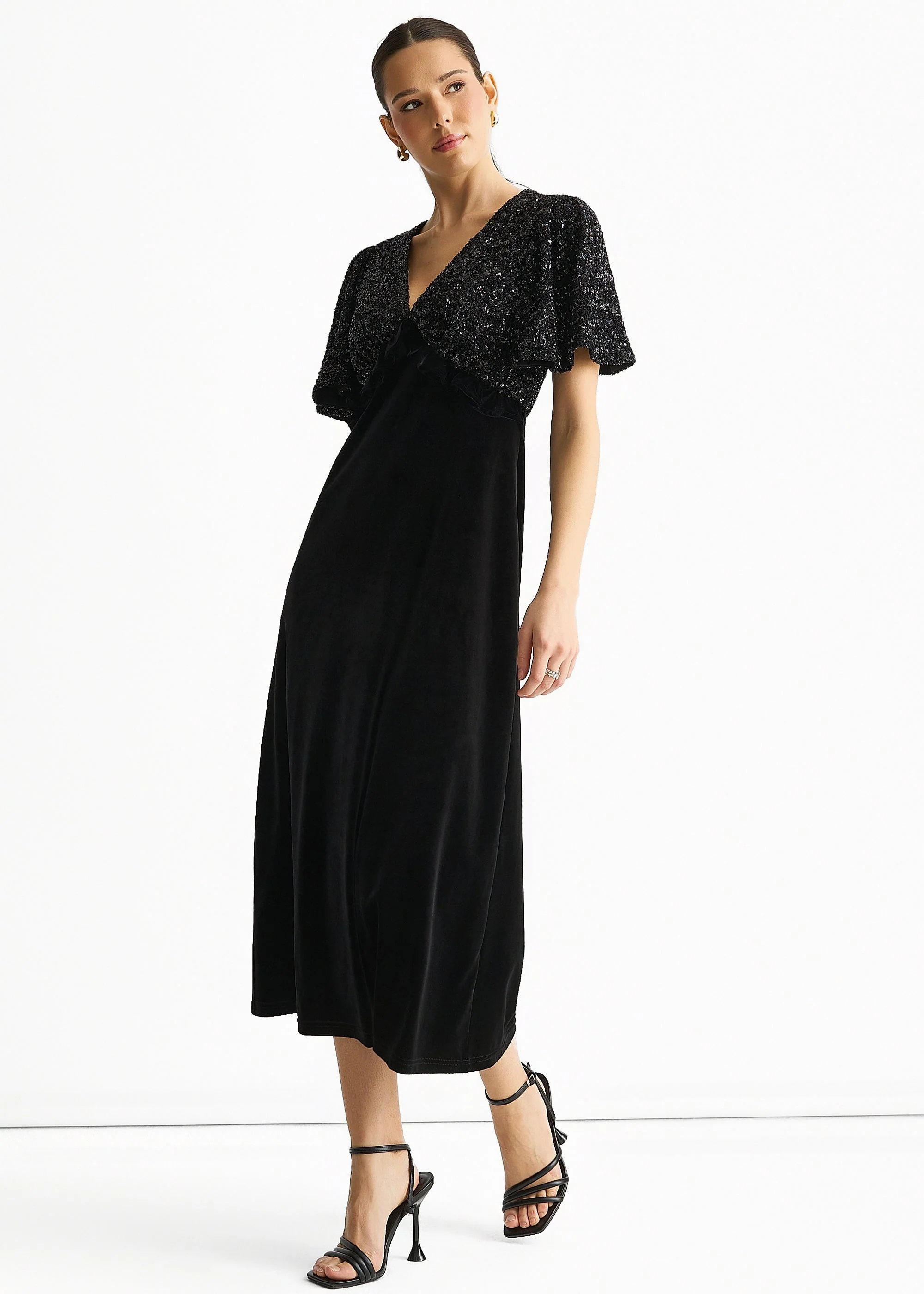 Black Sequin Top Premium Velvet Occasion Midi Dress - Image 4
