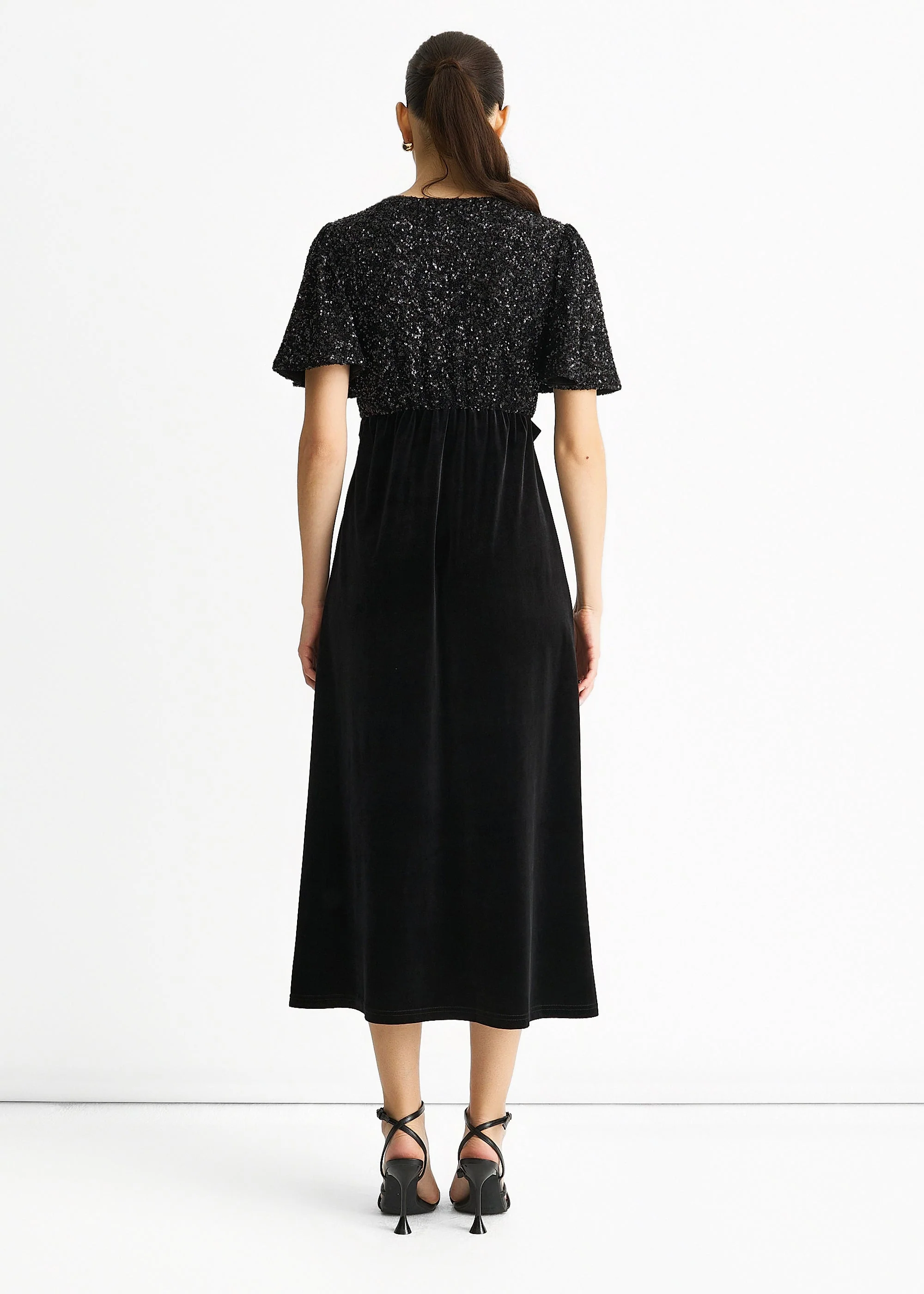 Black Sequin Top Premium Velvet Occasion Midi Dress - Image 2