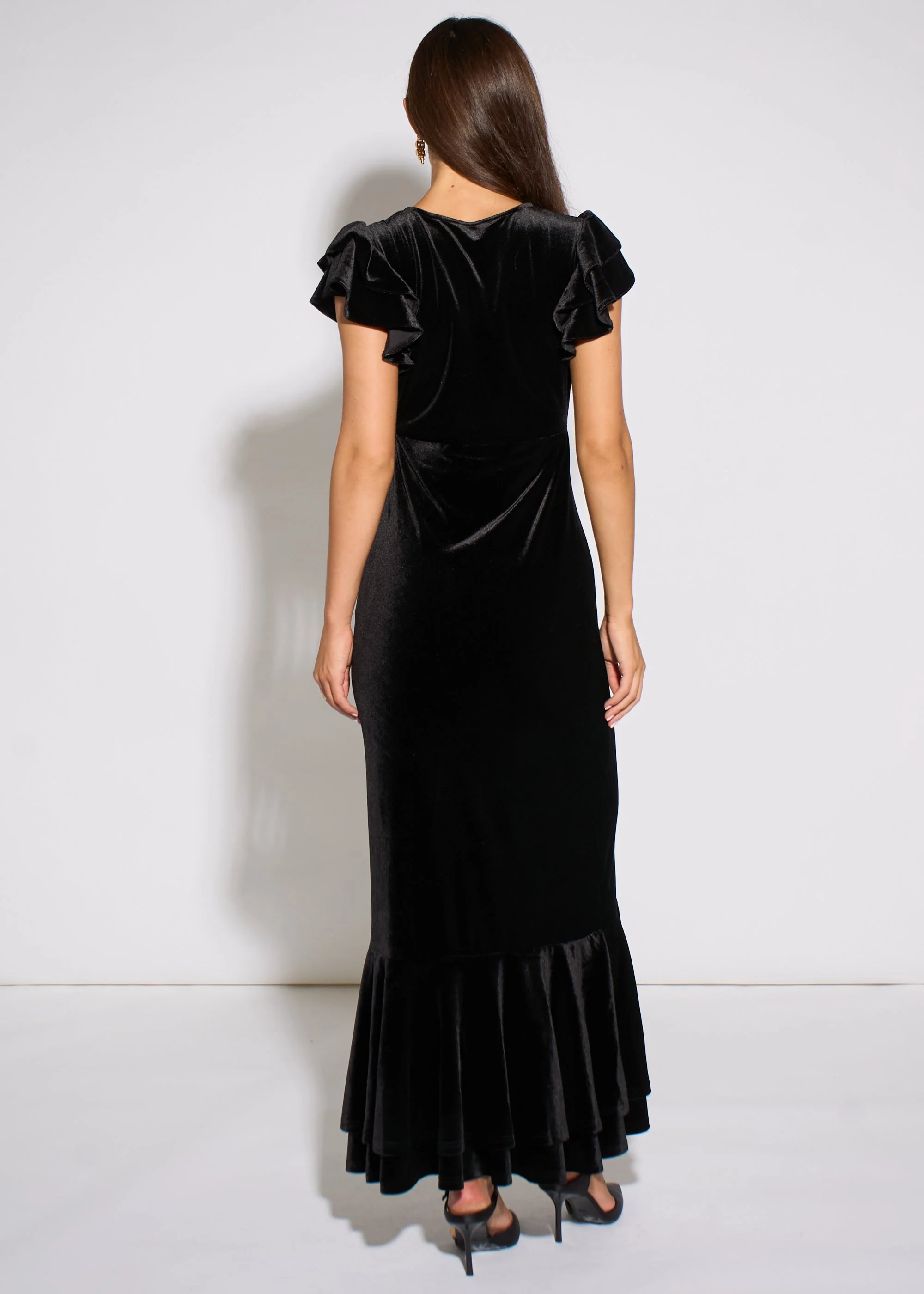 Black V Neck Ruffle Sleeves Velvet Occasion Maxi Dress - Image 2