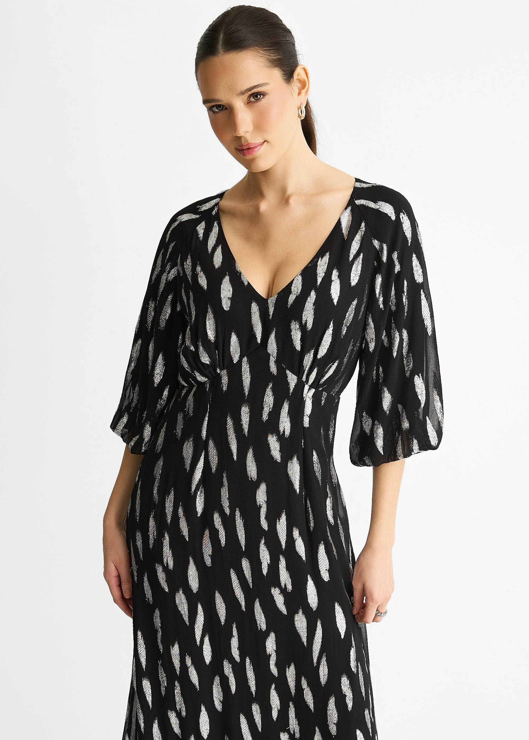 Black Viscose Clipped Balloon Sleeve Maxi Dress - Image 3