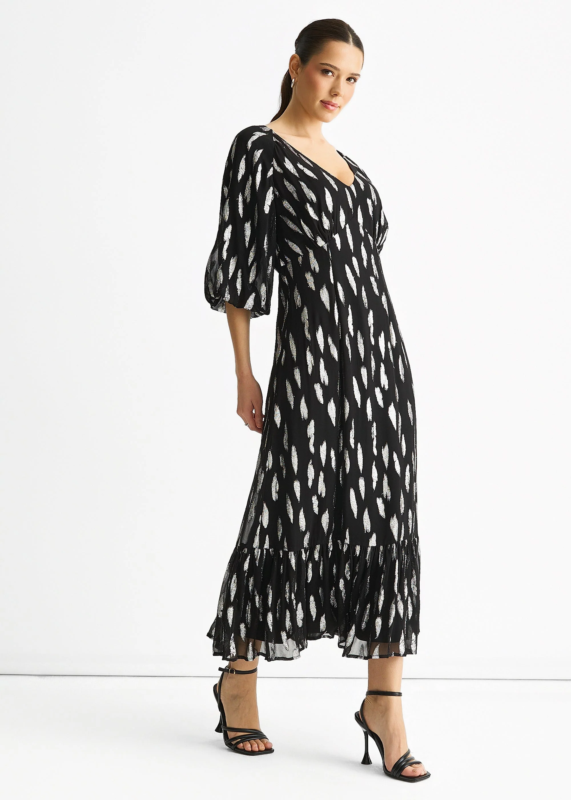 Black Viscose Clipped Balloon Sleeve Maxi Dress - Image 4
