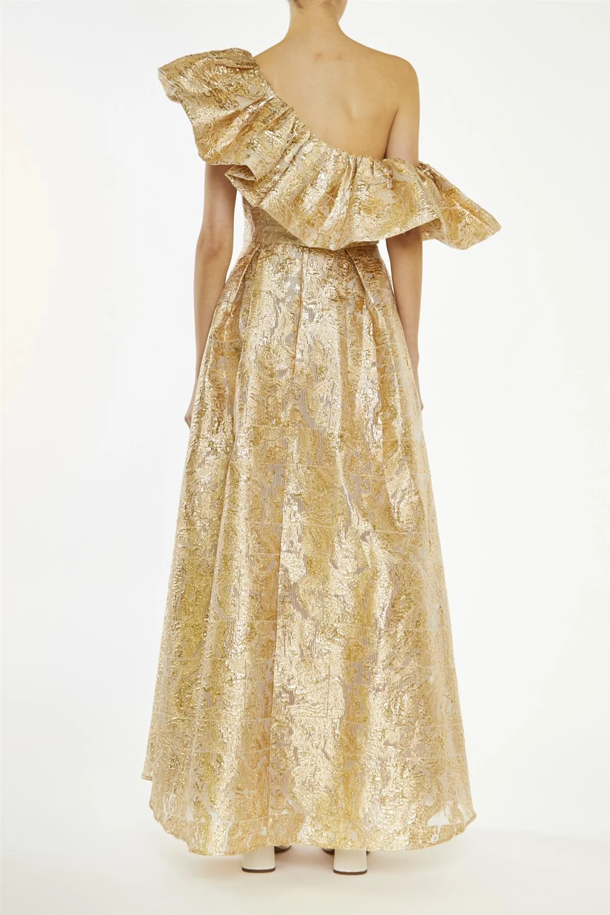 True Decadence Gold Blake Translucent-Jacquard Puff One Shoulder Maxi-Dress - Image 2