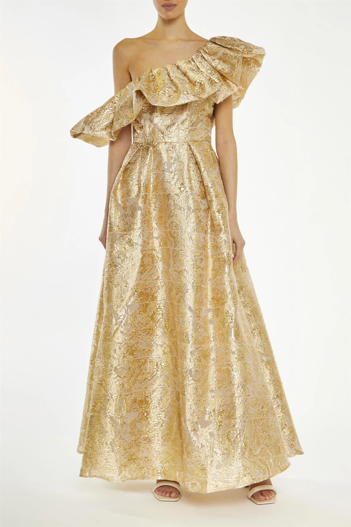 True Decadence Gold Blake Translucent-Jacquard Puff One Shoulder Maxi-Dress - Image 3