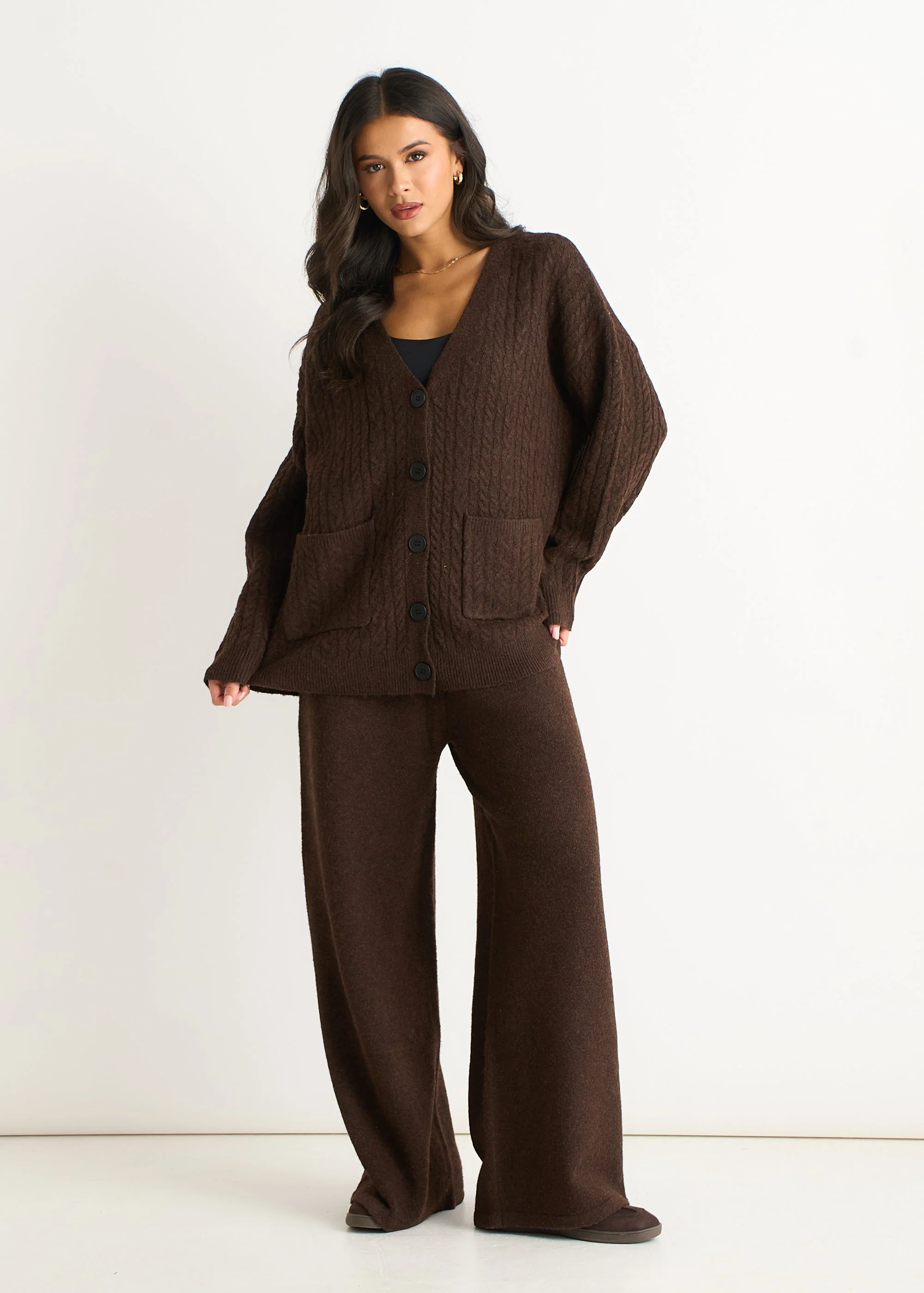 Gini London Brown Fuzzy Knit Wide-Leg Trousers - Image 2