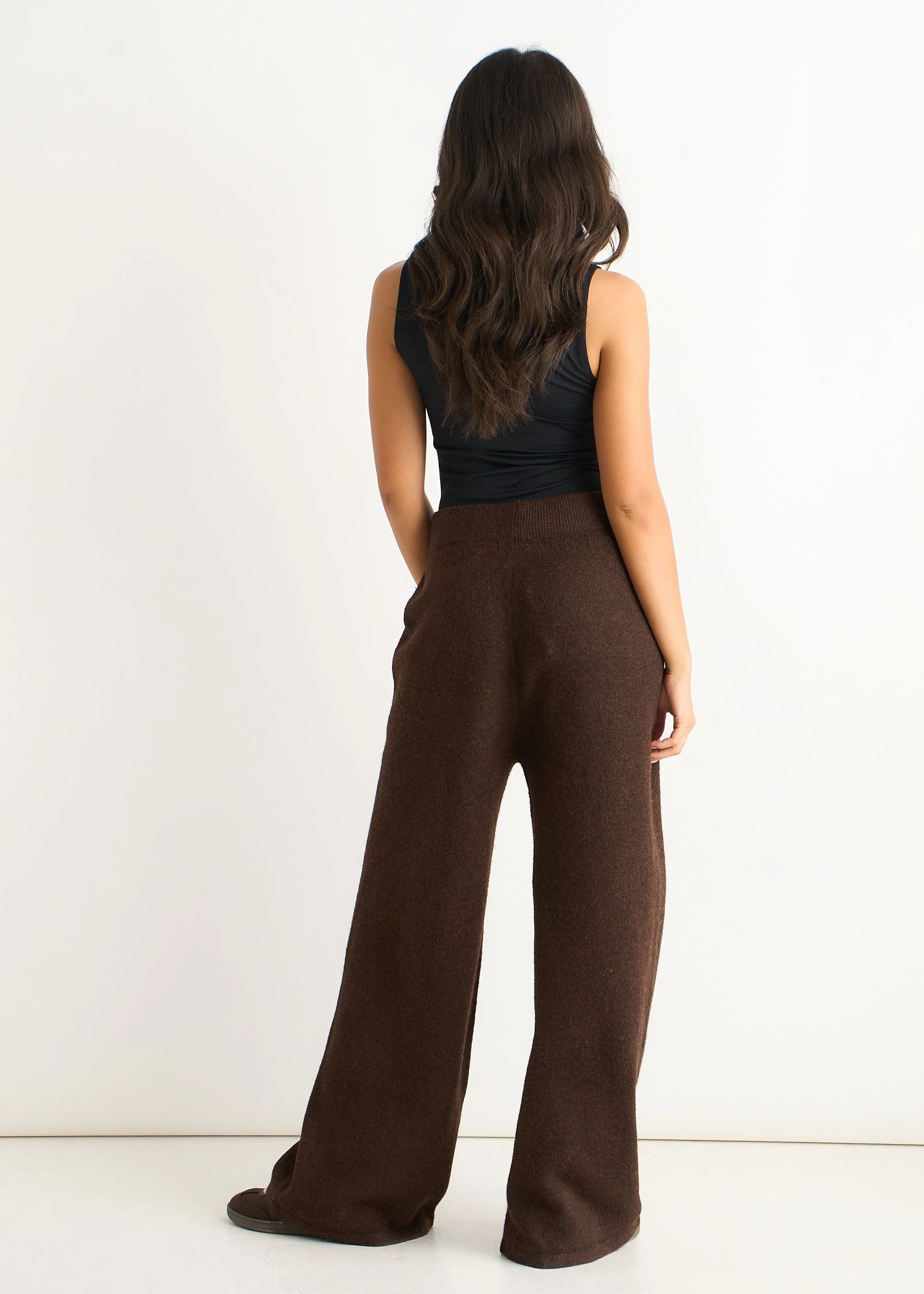 Gini London Brown Fuzzy Knit Wide-Leg Trousers - Image 3