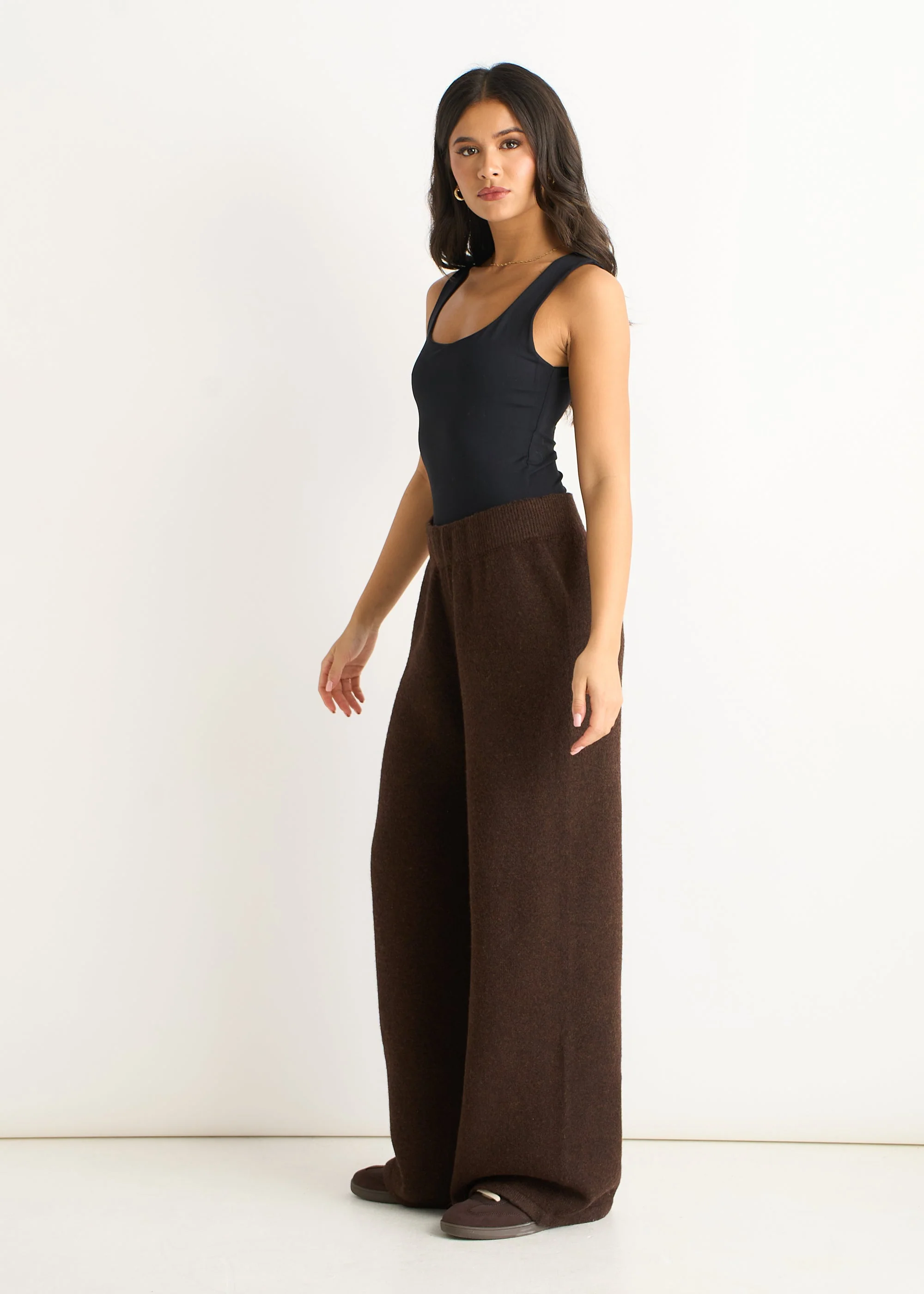 Gini London Brown Fuzzy Knit Wide-Leg Trousers - Image 4