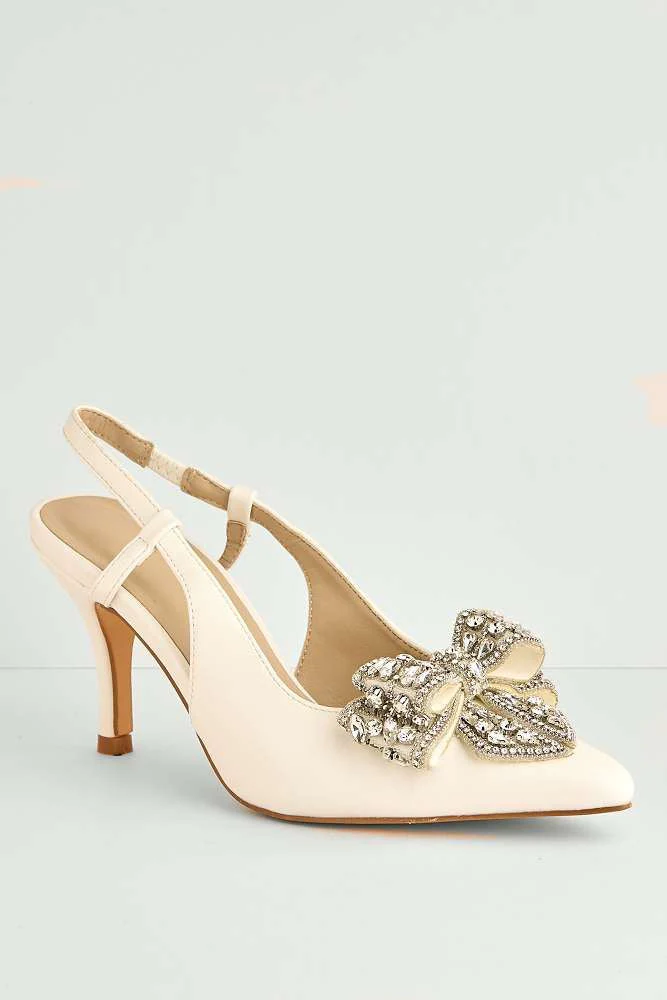 Celia Diamante Bow Pointed Toe Slingback Court Shoes in White - Image 4