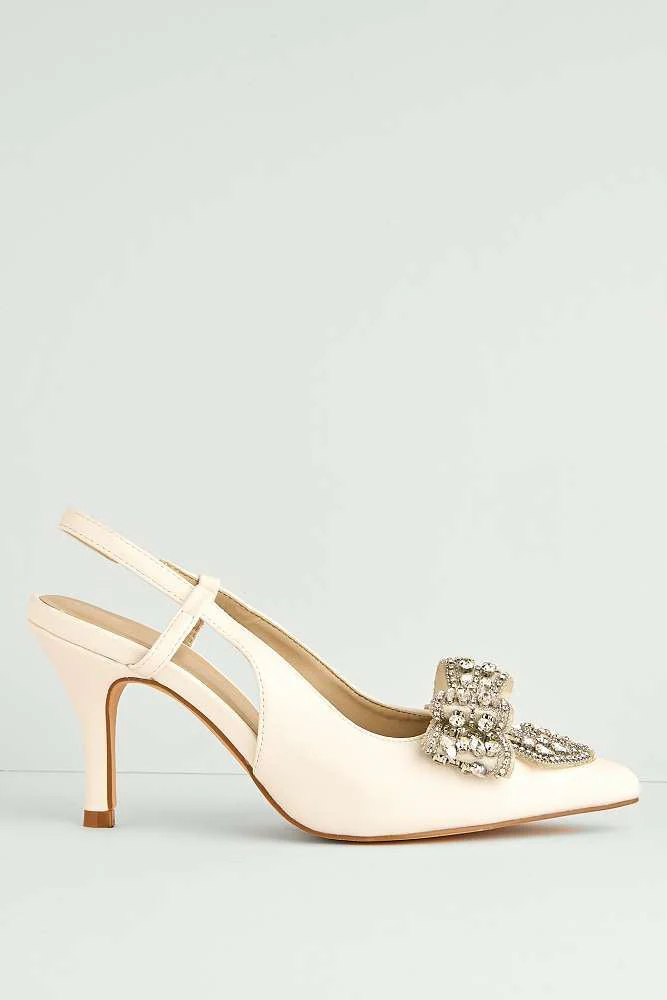 Celia Diamante Bow Pointed Toe Slingback Court Shoes in White - Image 6