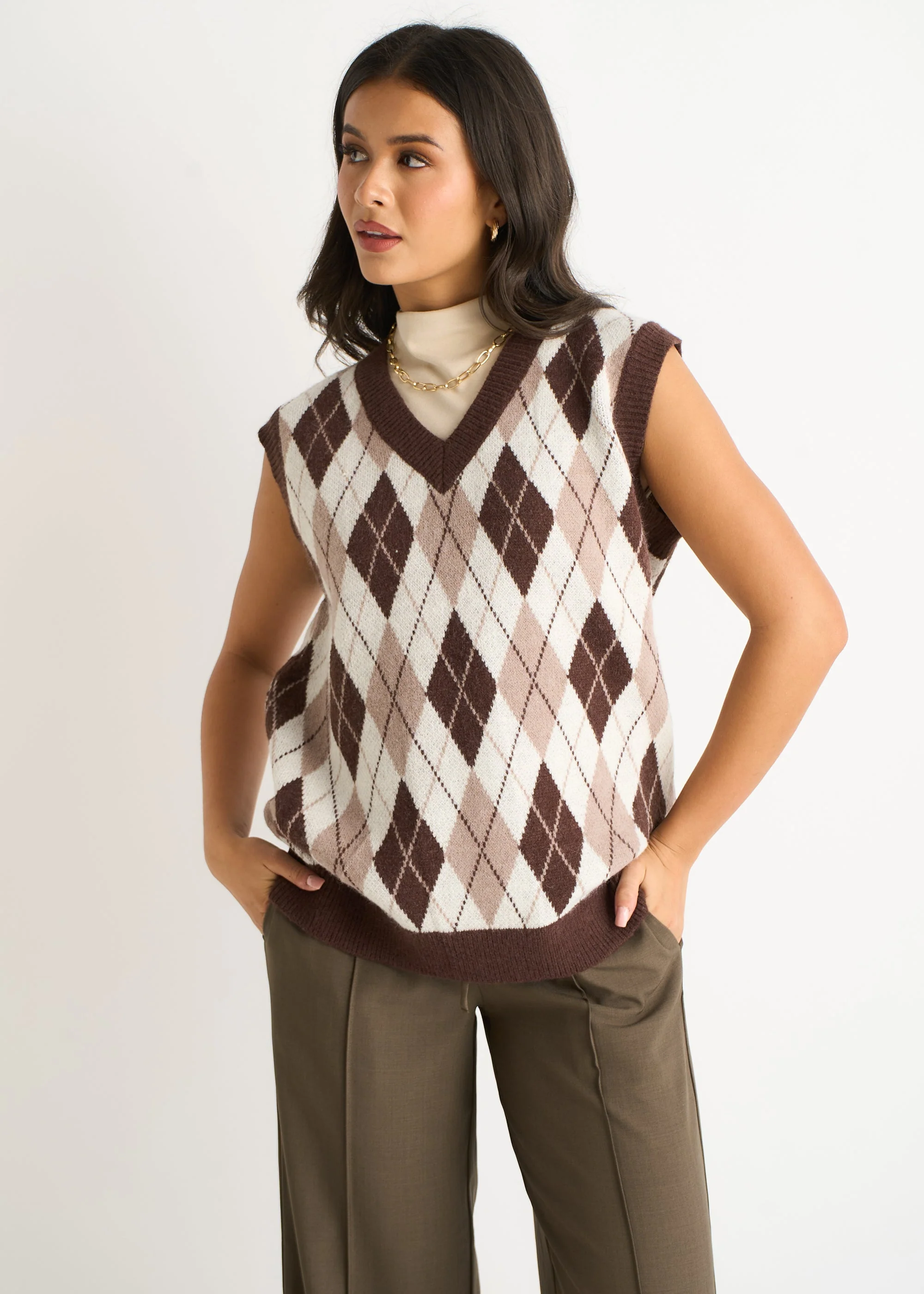 Chocolate Argyle Knit Vest Jumper