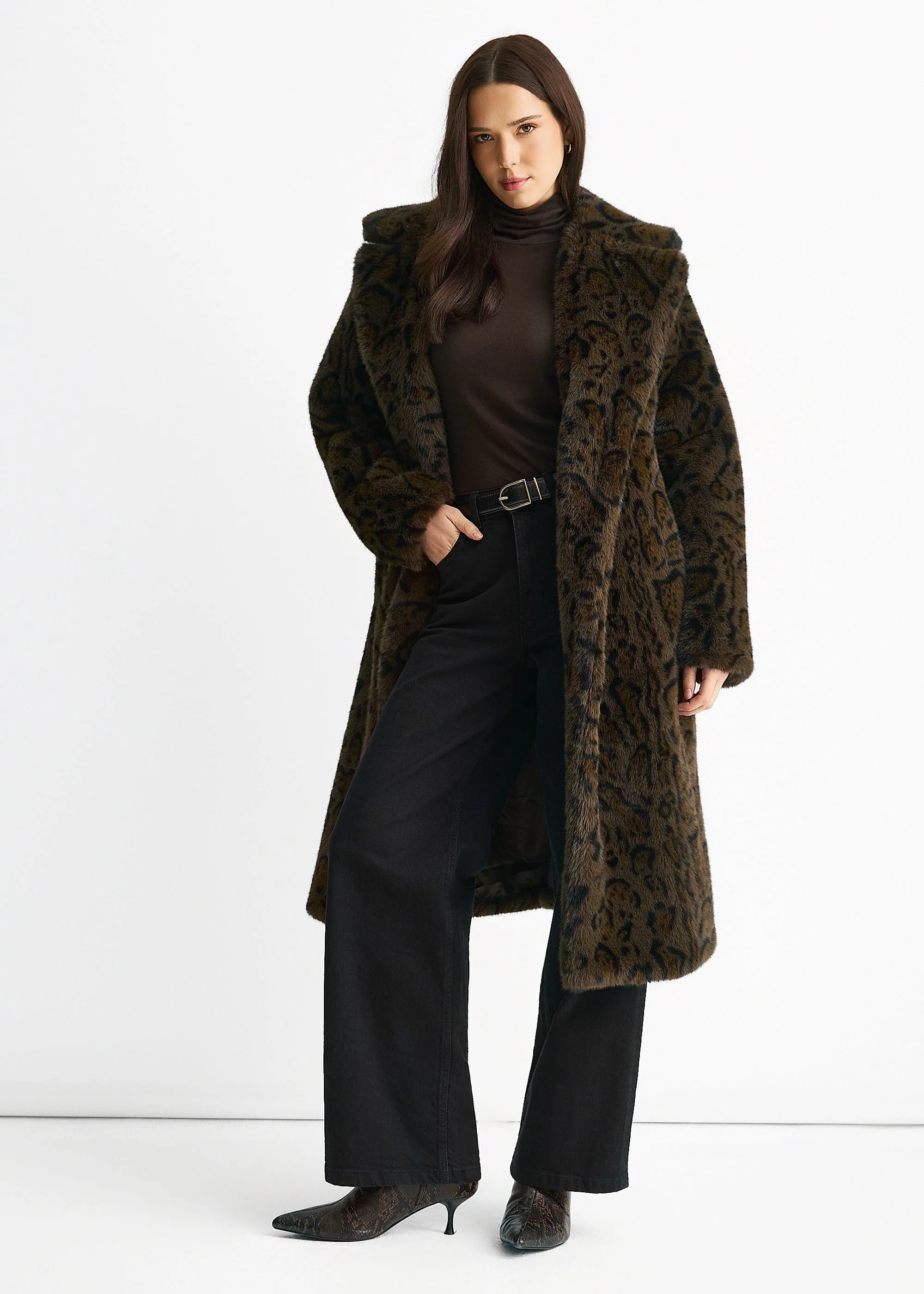 Chocolate Leopard Print Premium Faux Fur Belted Coat - Image 2