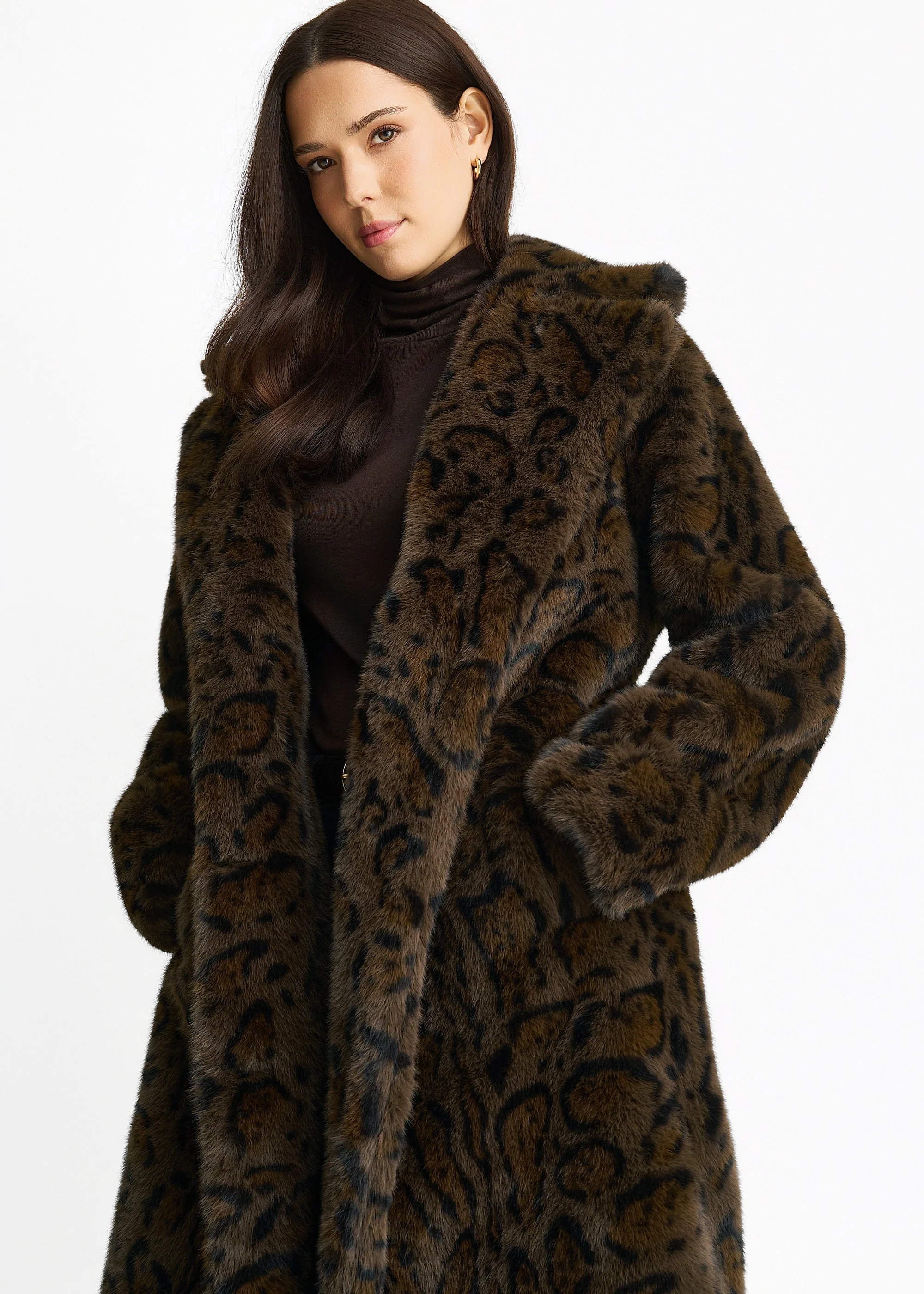 Chocolate Leopard Print Premium Faux Fur Belted Coat - Image 3