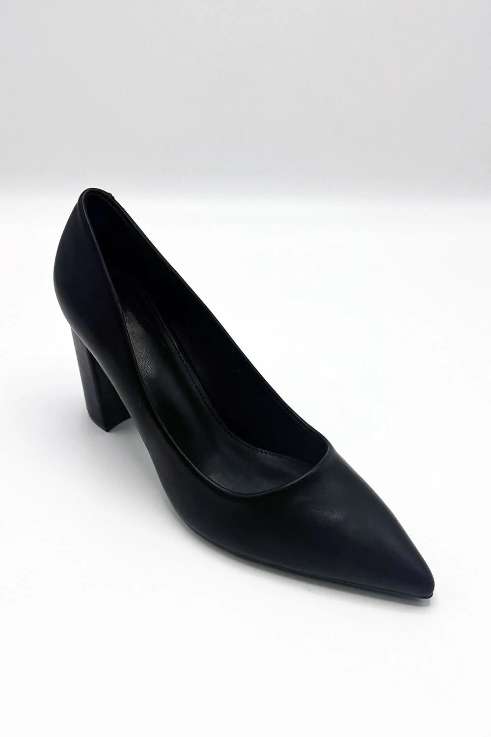 Miss Diva Clara Block Heel Pointed Toe Court Shoes in Black Matt - Image 3