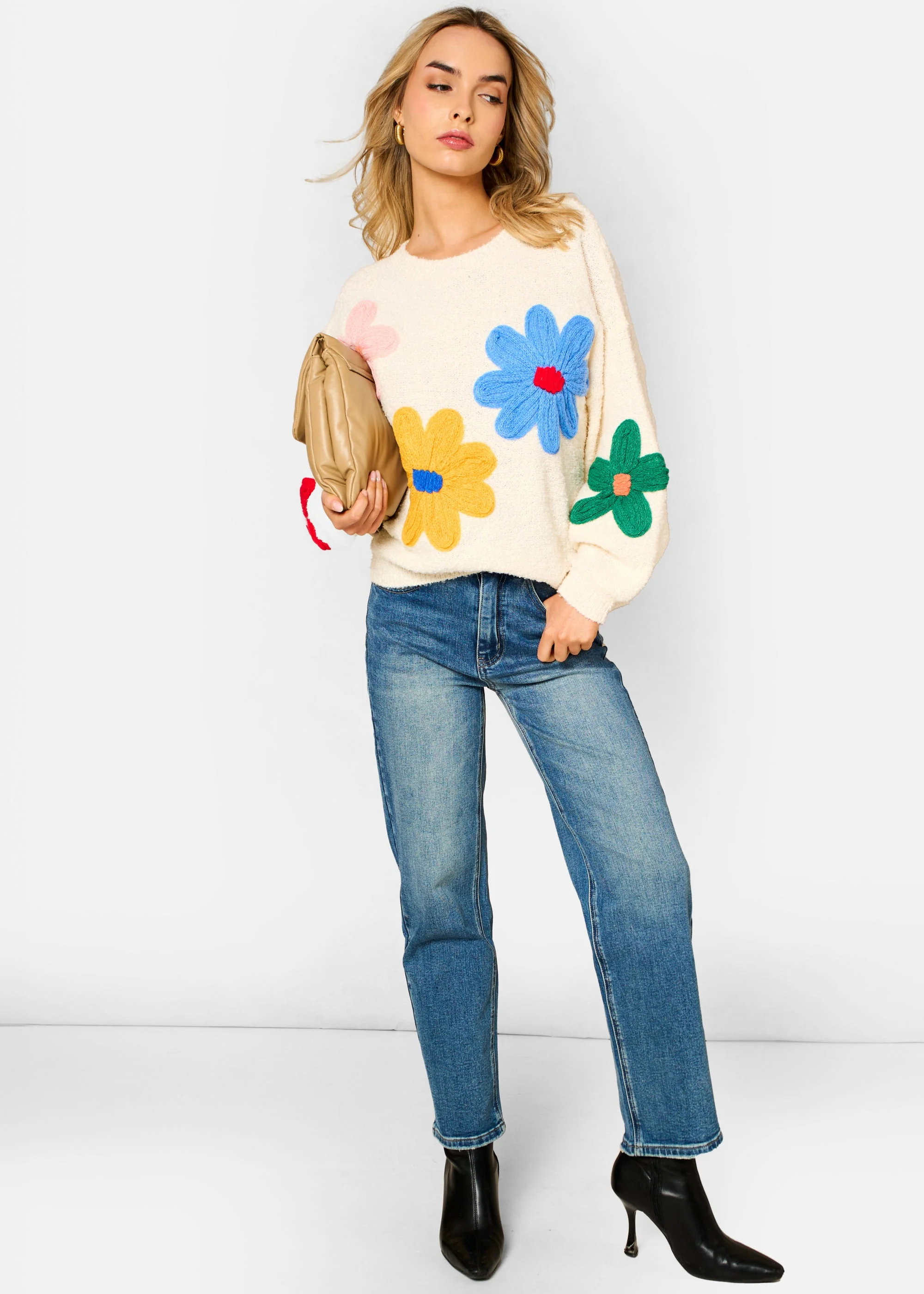 Cream 3D Flower Crochet Knitted Jumper - Image 2