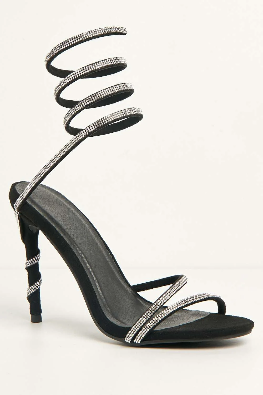 Miss Diva Black Curly Diamante Embellished Spiral Ankle Strap Sandals - Image 4
