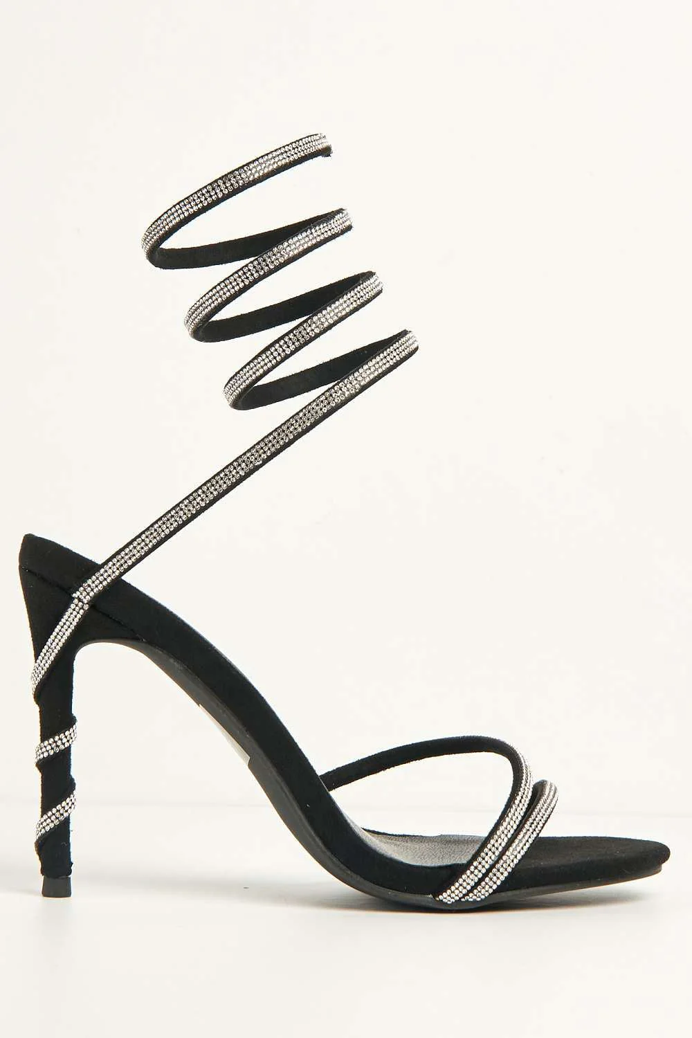 Miss Diva Black Curly Diamante Embellished Spiral Ankle Strap Sandals - Image 5
