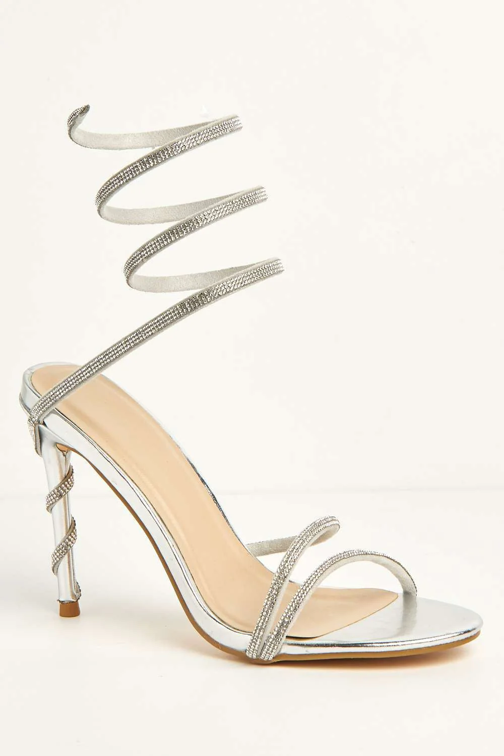 Miss Diva Silver Curly Diamante Embellished Spiral Ankle Strap Sandals - Image 4