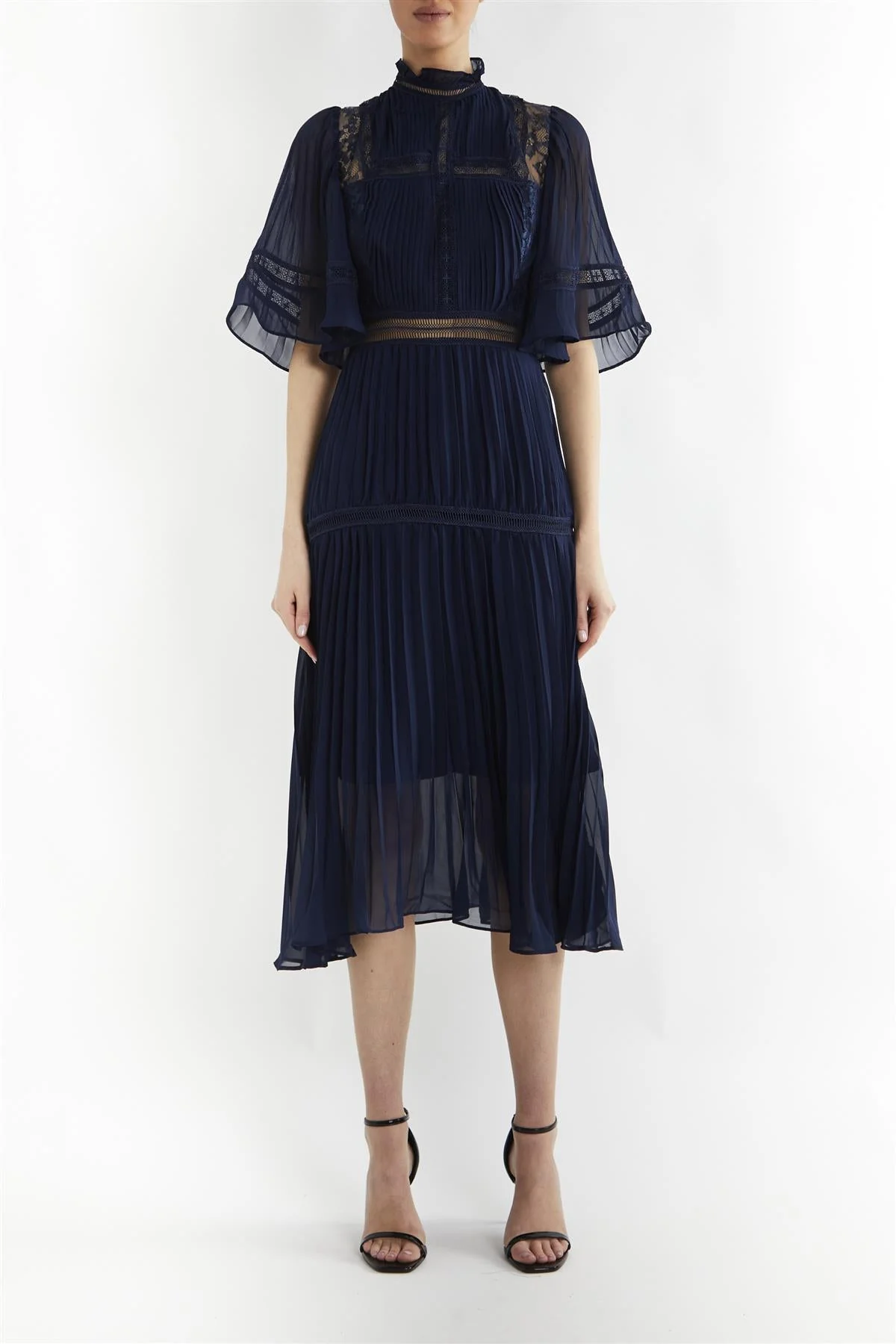 true Decadence Ellie Navy Mixed Lace Pleated Midi Dress