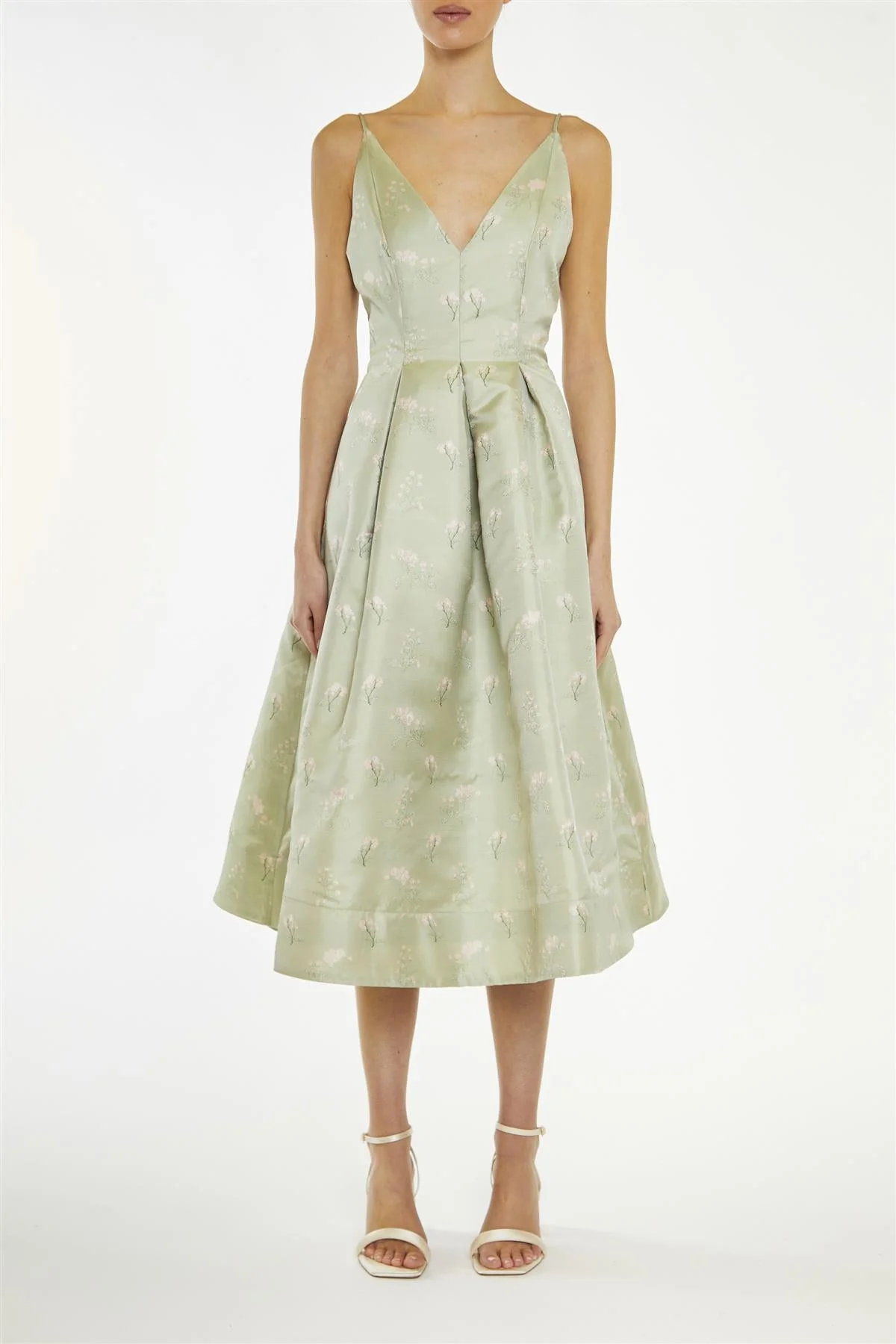 True Decadence Green Estella Floral-Jacquard Cami Skater Midi-Dress