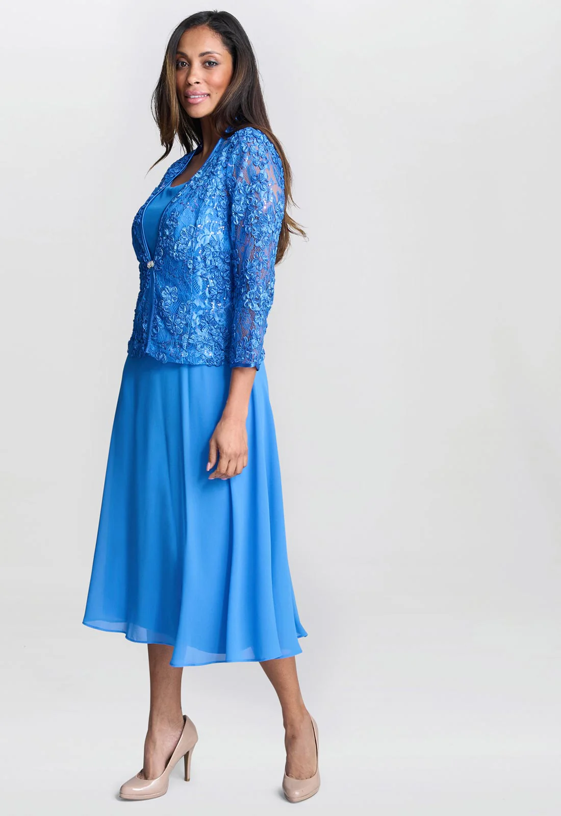 Gina Bacconi Cobalt Adele Soutache Lace Jacket With Chiffon Dress - Image 4