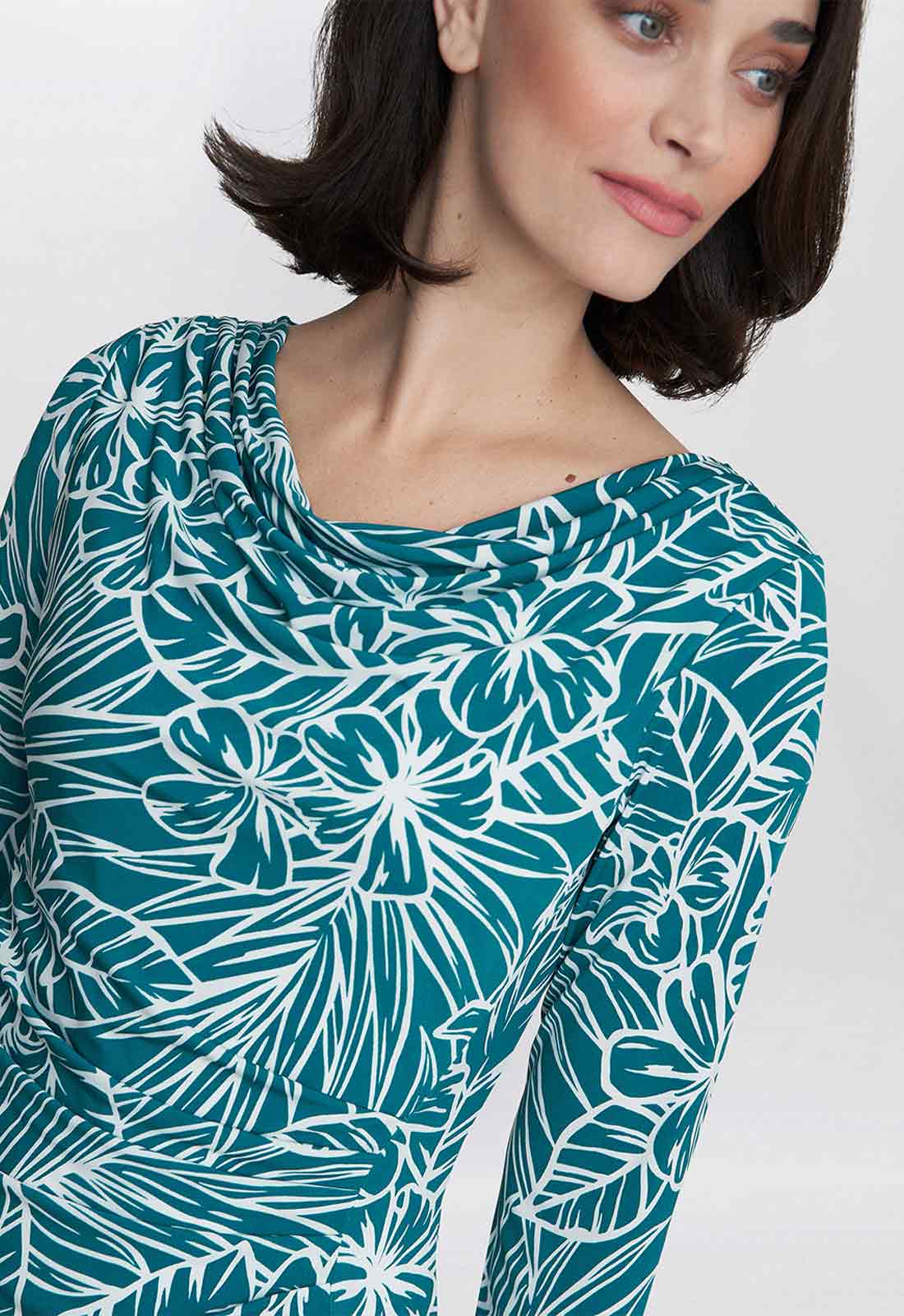 Gina Bacconi Teal Adeline Printed Jersey Cowl Neck Dress - Image 2
