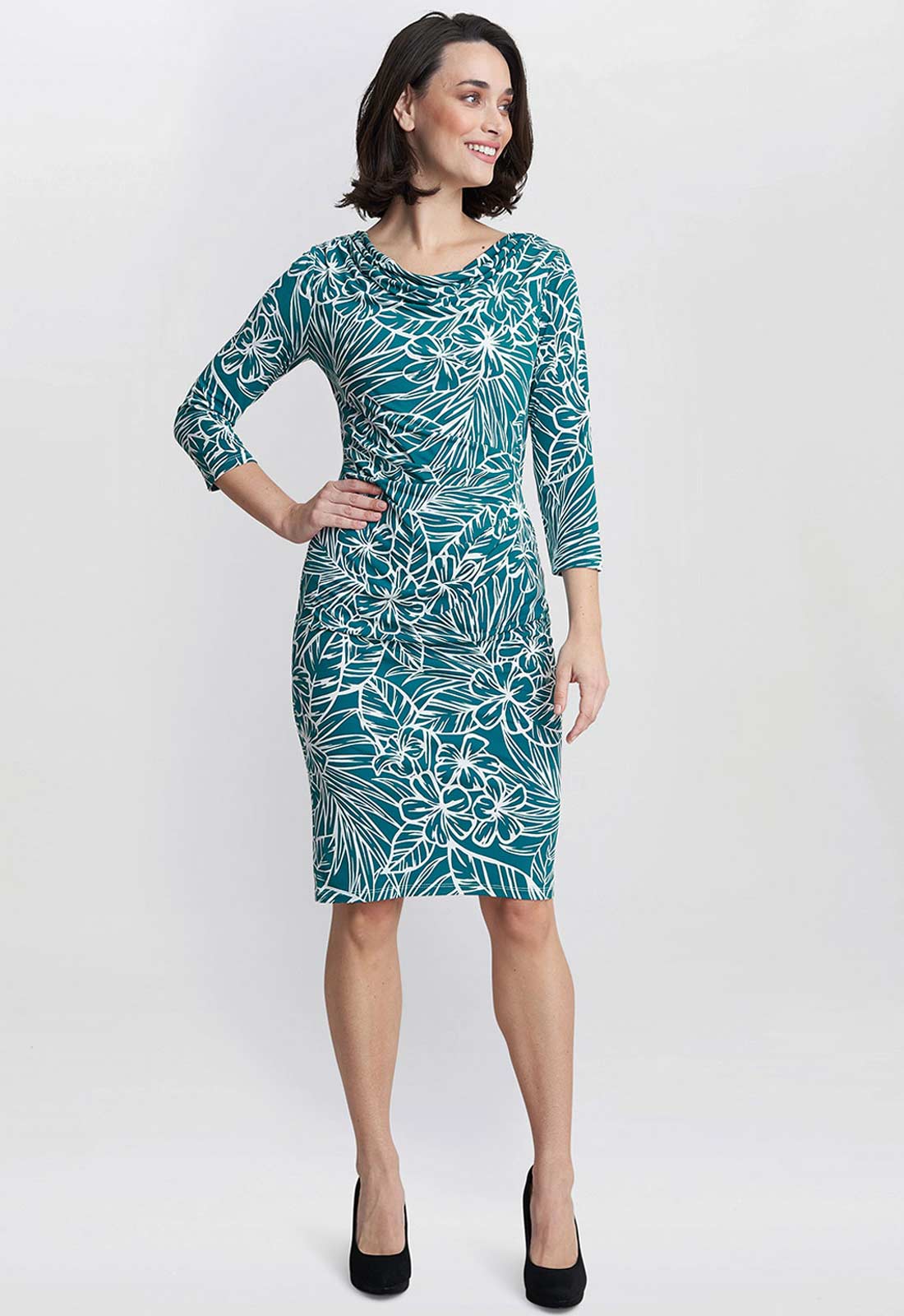 Gina Bacconi Teal Adeline Printed Jersey Cowl Neck Dress - Image 4