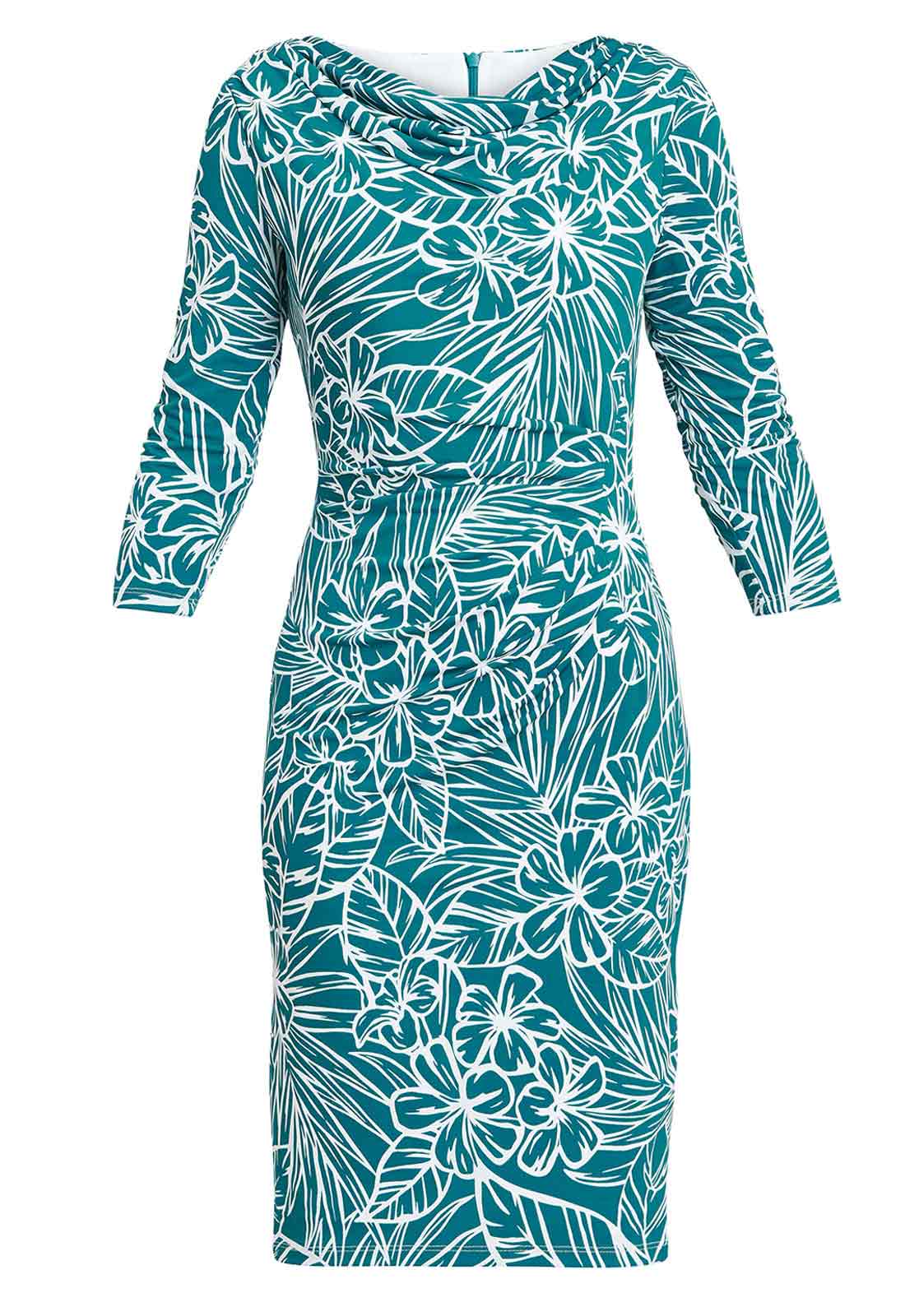 Gina Bacconi Teal Adeline Printed Jersey Cowl Neck Dress - Image 5