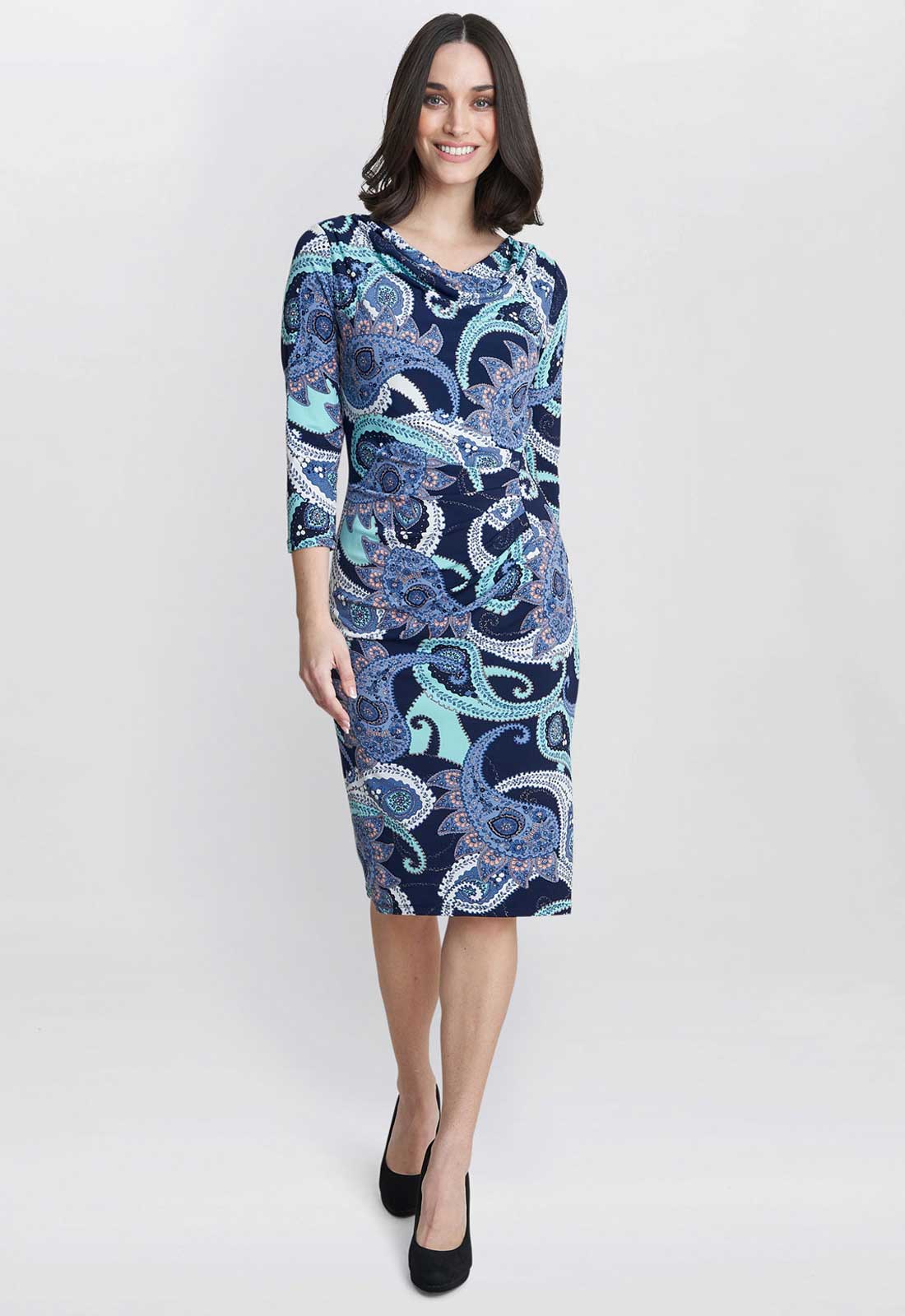 Gina Bacconi Blue Alyssa Printed Jersey Cowl Neck Dress - Image 4