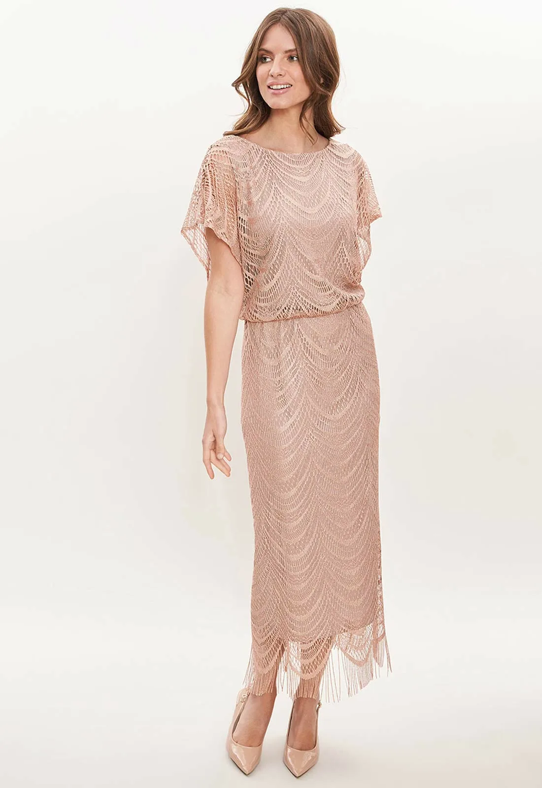 Gina Bacconi Arleen Long Blouson Fringe Hem Dress - Image 4