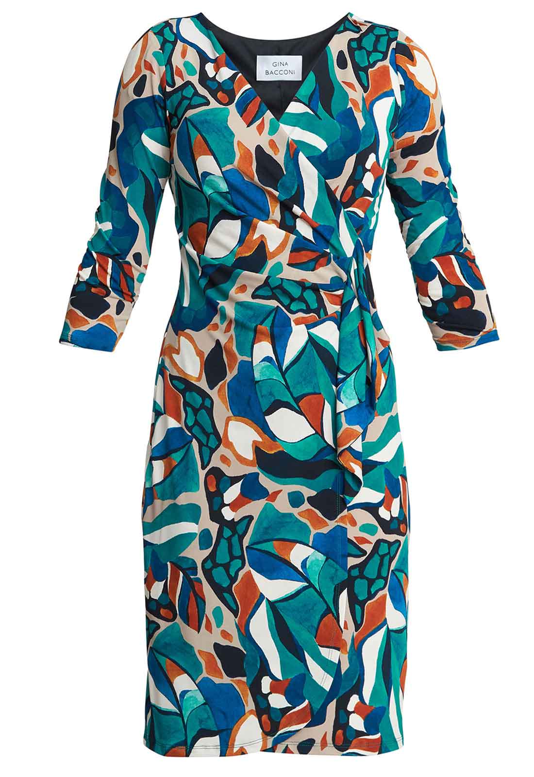 Gina Bacconi Turquoise Beatrix Printed Jersey Ruffle Dress - Image 5