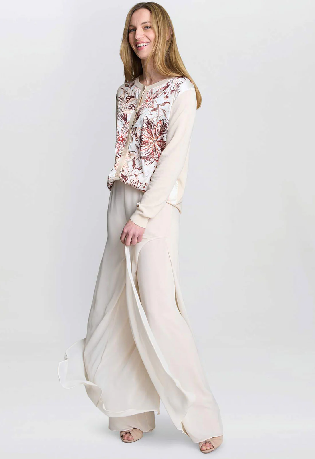 Gina Bacconi Beige Vilma Floral Satin Front Cardigan - Image 2