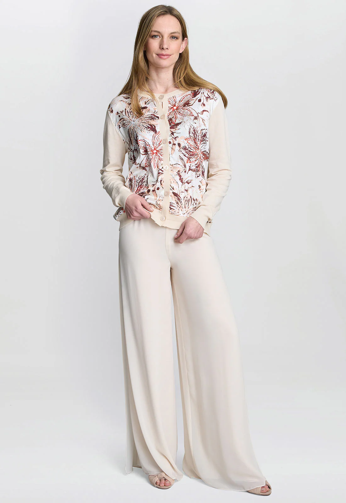 Gina Bacconi Beige Vilma Floral Satin Front Cardigan - Image 4