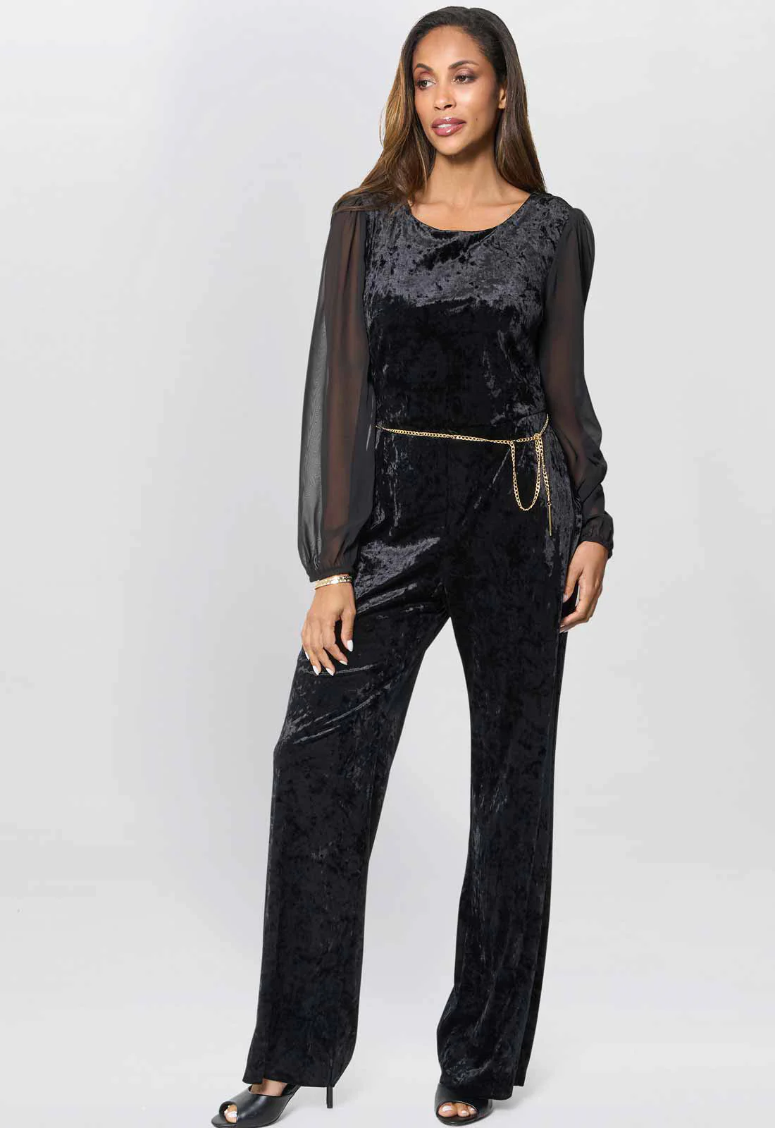 Gina Bacconi Black Alaska Velvet Jumpsuit With Sheer Sleeves - Image 2