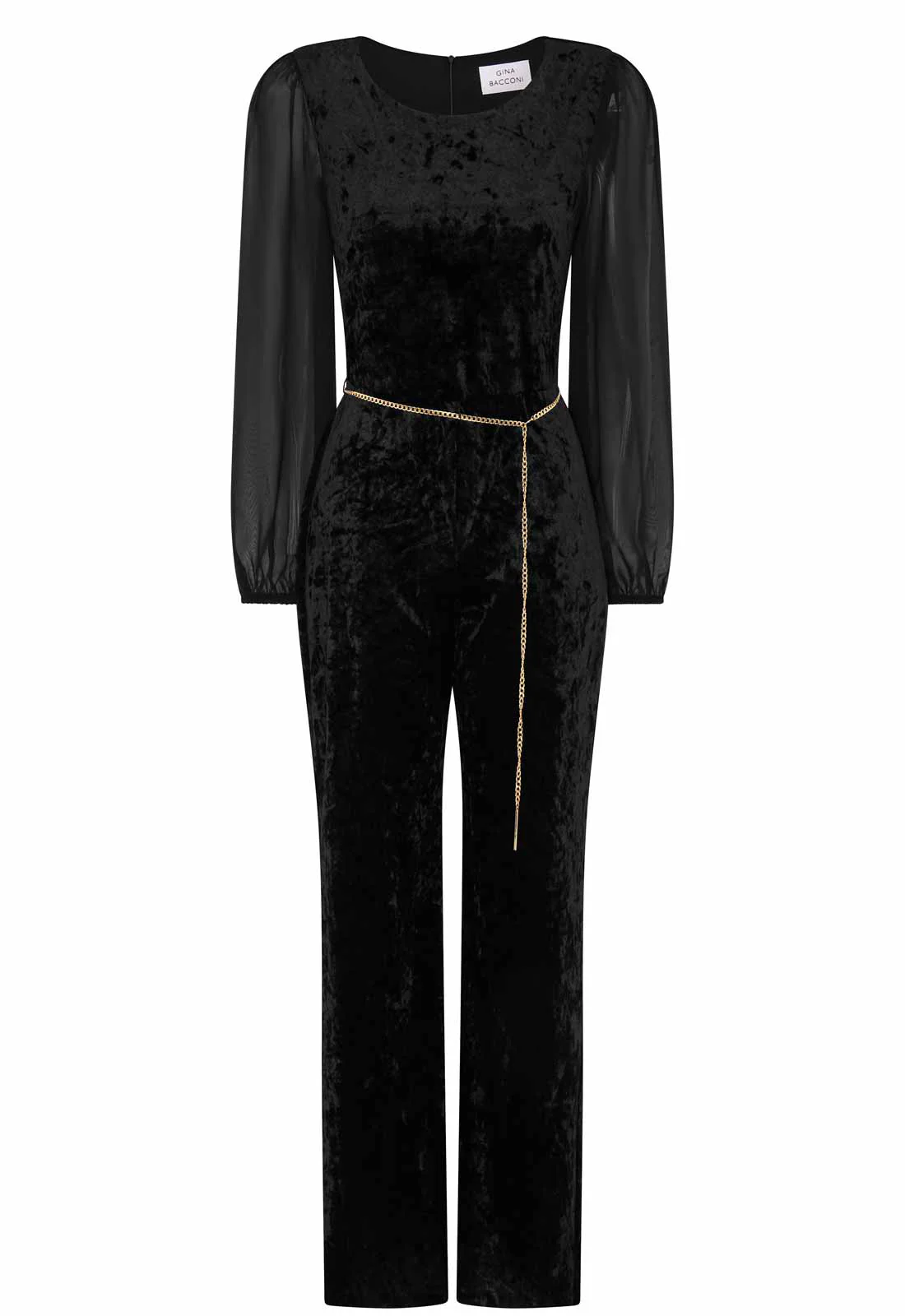 Gina Bacconi Black Alaska Velvet Jumpsuit With Sheer Sleeves - Image 4