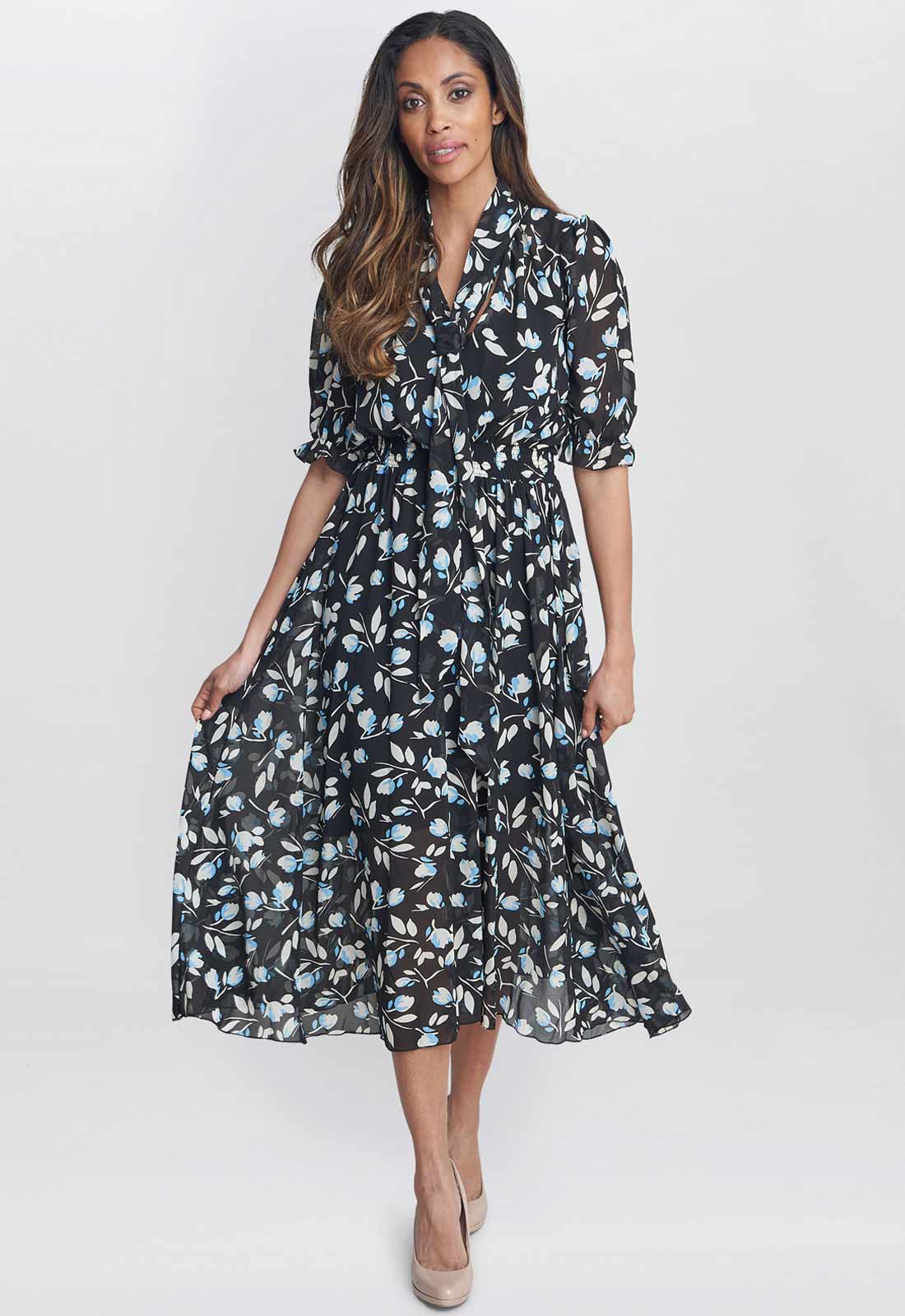 Gina Bacconi Black and Multi Mimi Godet Pussy Bow Dress - Image 4